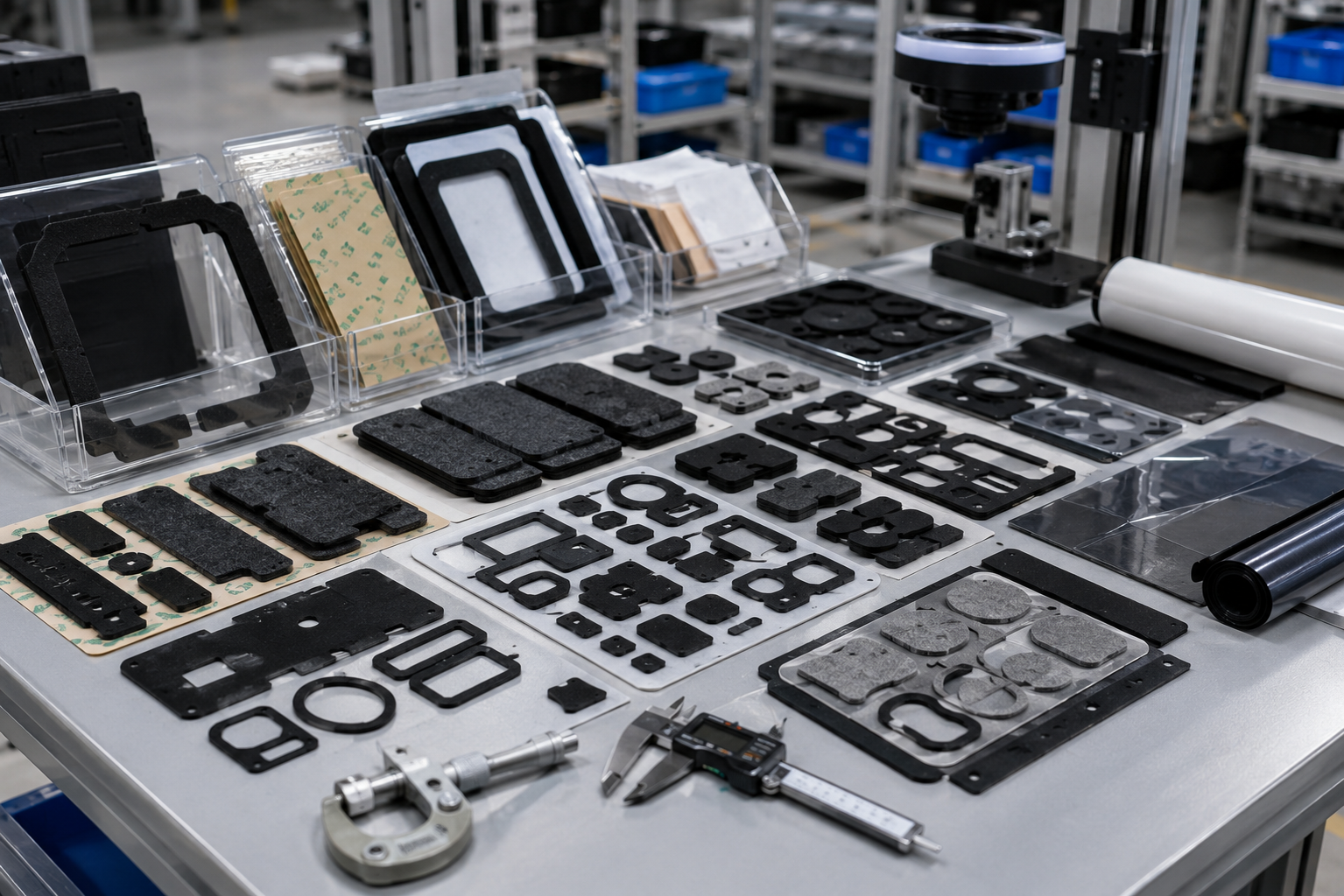 Image Description: Realistic automotive engineering workbench showing precision die cut foam pads, EPDM rubber seals, non-woven felt NVH parts, adhesive tape frames, PET insulation pieces, protective films, release liners, calipers, and clean inspection tools for EV interior assembly. No people, complete vehicles, text, labels, logos, arrows, or icons. Image width: 1600–1920 px. Target file size: 100–200 KB.