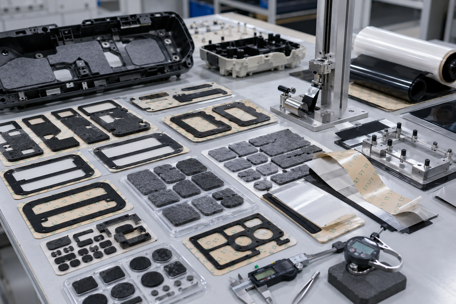 Image Description: Clean EV interior assembly development scene showing adhesive-backed foam frames, non-woven felt anti-rattle pads, PET insulation parts, rubber protection pads, protective films, split release liners, peel-test equipment, dimensional fixtures, and sample trim components. No people, complete cars, readable documents, text, labels, logos, arrows, or icons. Image width: 1600–1920 px. Target file size: 100–200 KB.
