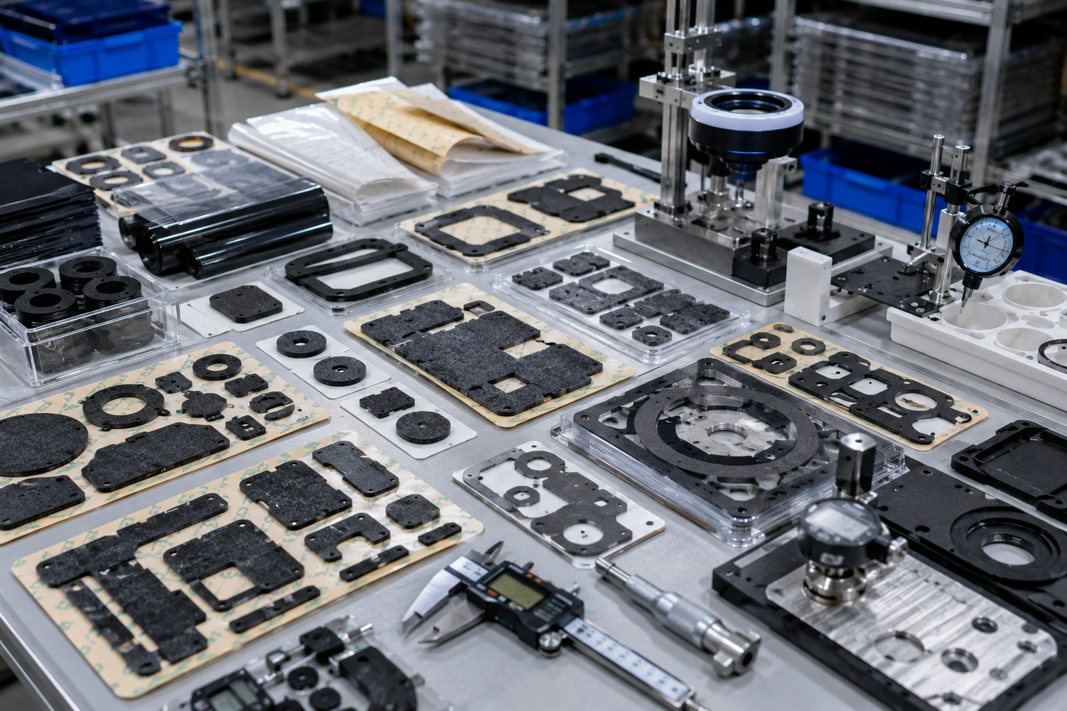 Image Description: Realistic factory quality inspection scene showing finished non-woven felt NVH pads, foam cushioning frames, EPDM rubber seals, adhesive tape components, PET insulation pieces, protective films, release liner sheets, clean trays, digital calipers, thickness gauges, and optical inspection tools. No people, vehicles, text, labels, logos, arrows, or icons. Image width: 1600–1920 px. Target file size: 100–200 KB.