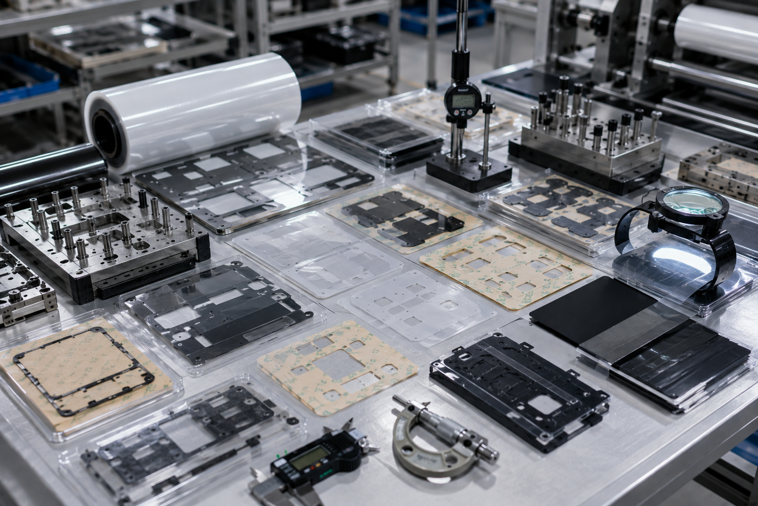 Image Description: Realistic industrial photography showing precision die cut PET insulation film frames, adhesive-backed PET parts, protective films, release liners, clean steel-rule dies, digital calipers, thickness gauges, magnification tools, and inspection fixtures on a controlled converting workbench. No text, labels, logos, arrows, or icons. Image width: 1600–1920 px. Target file size: 100–200 KB.