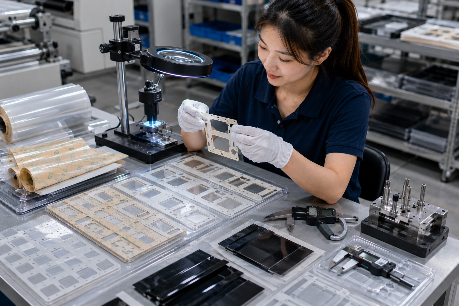 Image Description: Realistic factory quality inspection scene showing finished PET insulation film frames, adhesive-backed PET components, clean cut edges under magnification, release liner sheets, optical inspection equipment, digital calipers, thickness gauges, organized trays, and protected finished batches. No text, labels, logos, arrows, or icons. Image width: 1600–1920 px. Target file size: 100–200 KB.