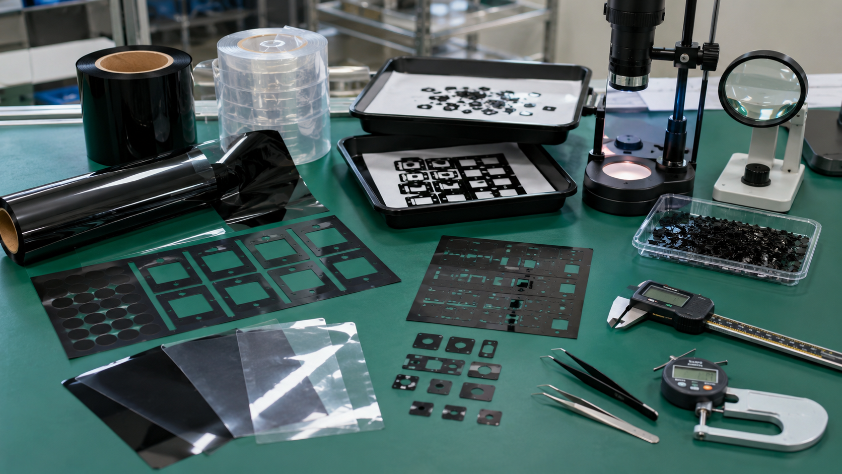 Realistic OEM electronic assembly workbench showing die cut black PET light-blocking films, adhesive-backed black PET frames, display panel samples, LED indicator area samples, sensor window covers, electronic housings, control panel parts, release liners, clean trays, tweezers, digital calipers, thickness gauges, anti-static tools, and optical inspection tools in a clean factory environment. Image specification: first image 150–250 KB, width 1600–1920px, no 4K original upload needed, no text, no labels, no logos, no arrows, no icons