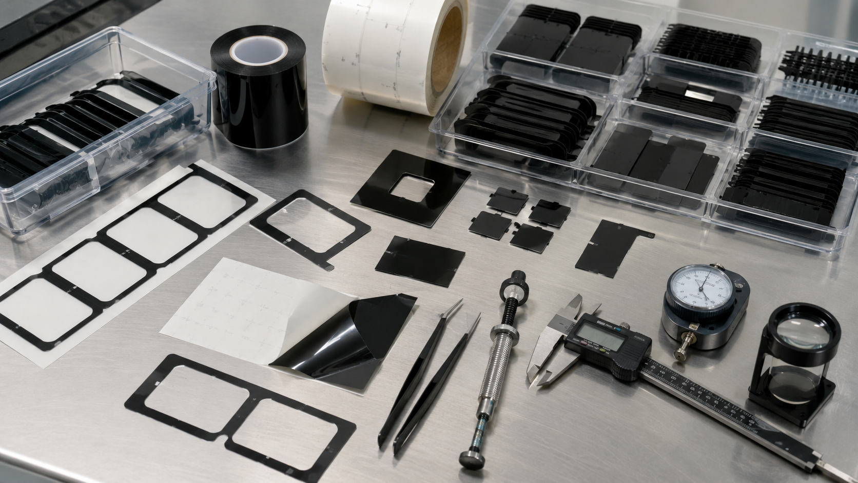 Clean black PET film inspection scene showing adhesive-backed black PET frames, display module samples, LED indicator area samples, sensor window covers, electronic housing parts, release liners, peel testing tools, tweezers, digital calipers, thickness gauges, optical inspection tools, and organized clean trays. Image specification: body image 100–200 KB, width 1600–1920px, no 4K original upload needed, no text, no labels, no logos, no arrows, no icons