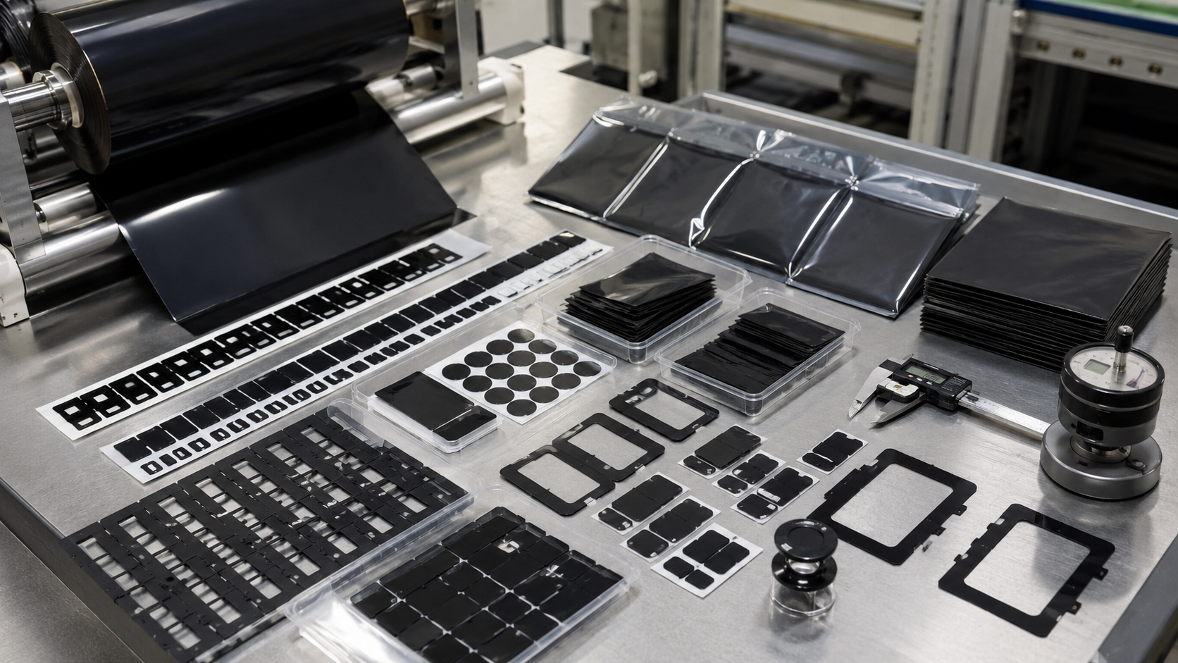 Professional black PET film die cutting and packaging scene showing roll-to-roll black PET film converting, adhesive-backed black PET frames, display masking films, LED indicator films, sensor window films, kiss-cut parts on release liners, waste matrix removal, optical inspection tools, clean trays, packaging bags, digital calipers, and thickness gauges. Image specification: body image 100–200 KB, width 1600–1920px, no 4K original upload needed, no text, no labels, no logos, no arrows, no icons