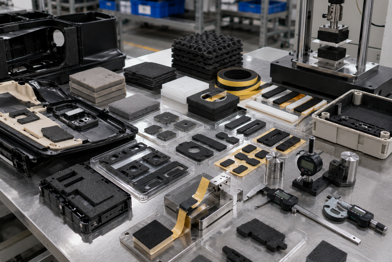 Realistic OEM acoustic foam pad workbench showing die cut PU foam pads, EVA foam cushioning pads, PE foam strips, EPDM foam gasket pads, adhesive-backed foam parts, foam tape samples, automotive interior trim parts, appliance housing samples, electronic module housings, clean trays, digital calipers, thickness gauges, compression testing blocks, and peel testing tools in a professional factory environment. Image specification: first image 150–250 KB, width 1600–1920px, no 4K original upload needed, no text, no labels, no logos, no arrows, no icons