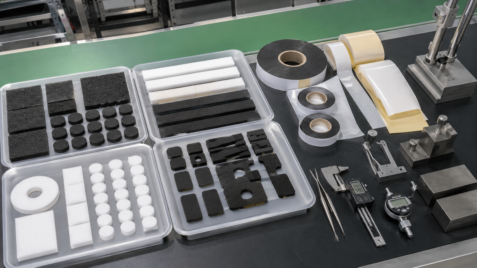 Clean acoustic foam pad inspection scene showing die cut PU foam pads, EVA foam pads, PE foam strips, EPDM foam sealing pads, adhesive-backed foam tape parts, automotive trim samples, appliance duct samples, electronic housing parts, release liners, peel testing tools, compression testing blocks, tweezers, digital calipers, thickness gauges, and organized inspection trays. Image specification: body image 100–200 KB, width 1600–1920px, no 4K original upload needed, no text, no labels, no logos, no arrows, no icons