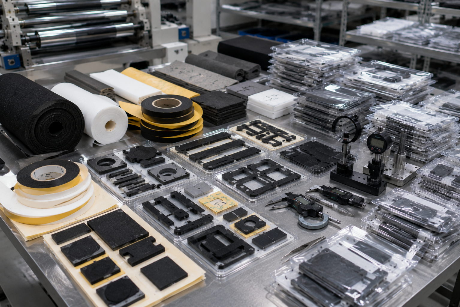 Professional acoustic foam pad die cutting and packaging scene showing adhesive-backed PU foam pads, EVA foam cushioning pads, PE foam strips, EPDM foam gasket pads, foam tape components, kiss-cut parts on release liners, sheets, rolls, kits, clean trays, packaging bags, digital calipers, thickness gauges, and inspection tools in a clean factory workstation. Image specification: body image 100–200 KB, width 1600–1920px, no 4K original upload needed, no text, no labels, no logos, no arrows, no icons
