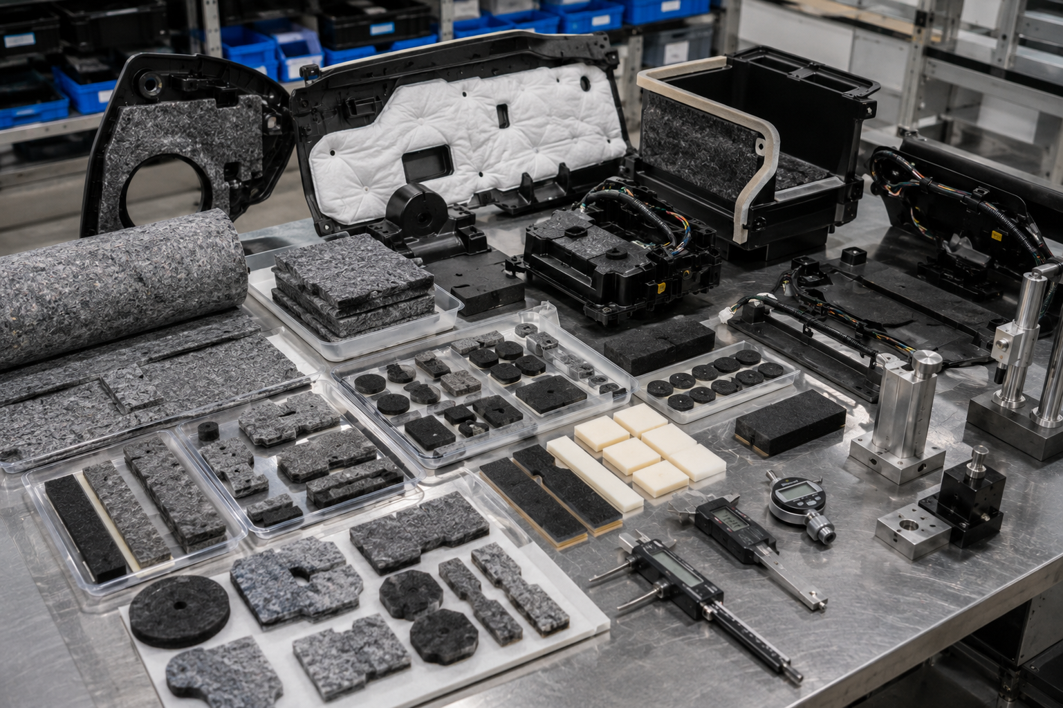 Realistic automotive felt fabric and interior component workbench showing die cut non-woven felt pads, needle-punched felt strips, adhesive-backed felt pieces, foam cushioning pads, rubber damping pads, automotive door panel samples, dashboard trim parts, wire harness contact areas, HVAC duct samples, clean trays, digital calipers, thickness gauges, compression blocks, and peel testing tools in a professional factory environment. Image specification: first image 150–250 KB, width 1600–1920px, no 4K original upload needed, no text, no labels, no logos, no arrows, no icons