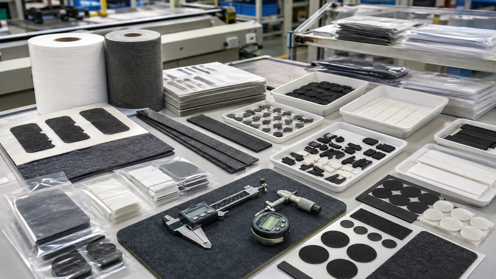 Professional automotive felt die cutting and packaging scene showing adhesive-backed felt pads, needle-punched felt strips, non-woven felt liners, foam cushioning pads, rubber damping pads, kiss-cut felt components on release liners, sheets, rolls, kits, clean trays, packaging bags, digital calipers, thickness gauges, and inspection tools on a clean factory workstation. Image specification: body image 100–200 KB, width 1600–1920px, no 4K original upload needed, no text, no labels, no logos, no arrows, no icons