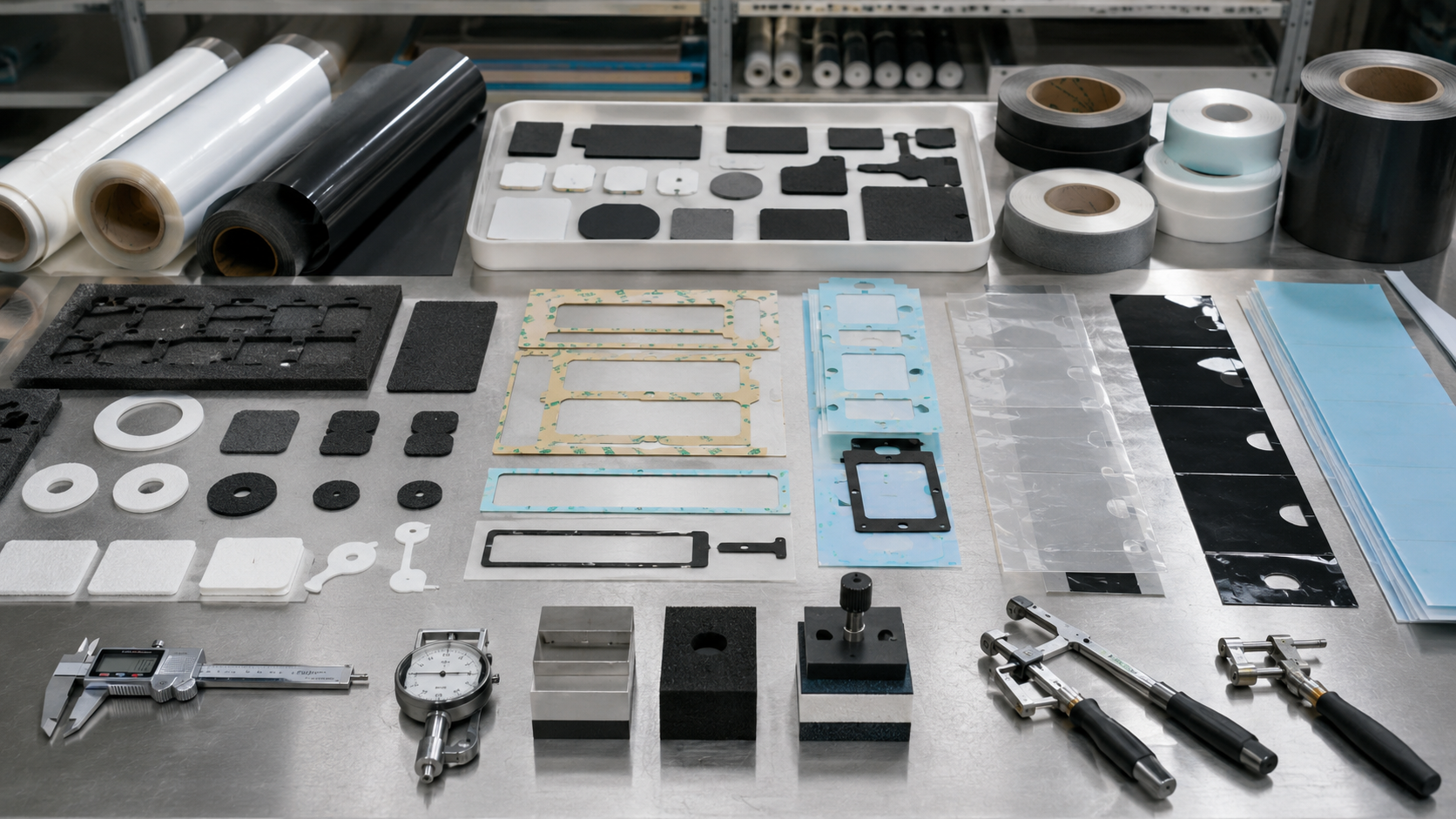 Realistic automotive OEM die cutting supplier evaluation workbench showing die cut foam gaskets, adhesive-backed foam strips, non-woven felt pads, rubber damping pads, PET insulation films, black PET light-blocking films, protective films, double-sided tape frames, automotive interior trim samples, electronic housing samples, sensor cover parts, clean trays, digital calipers, thickness gauges, compression testing blocks, and peel testing tools in a professional factory environment. Image specification: first image 150–250 KB, width 1600–1920px, no 4K original upload needed, no text, no labels, no logos, no arrows, no icons