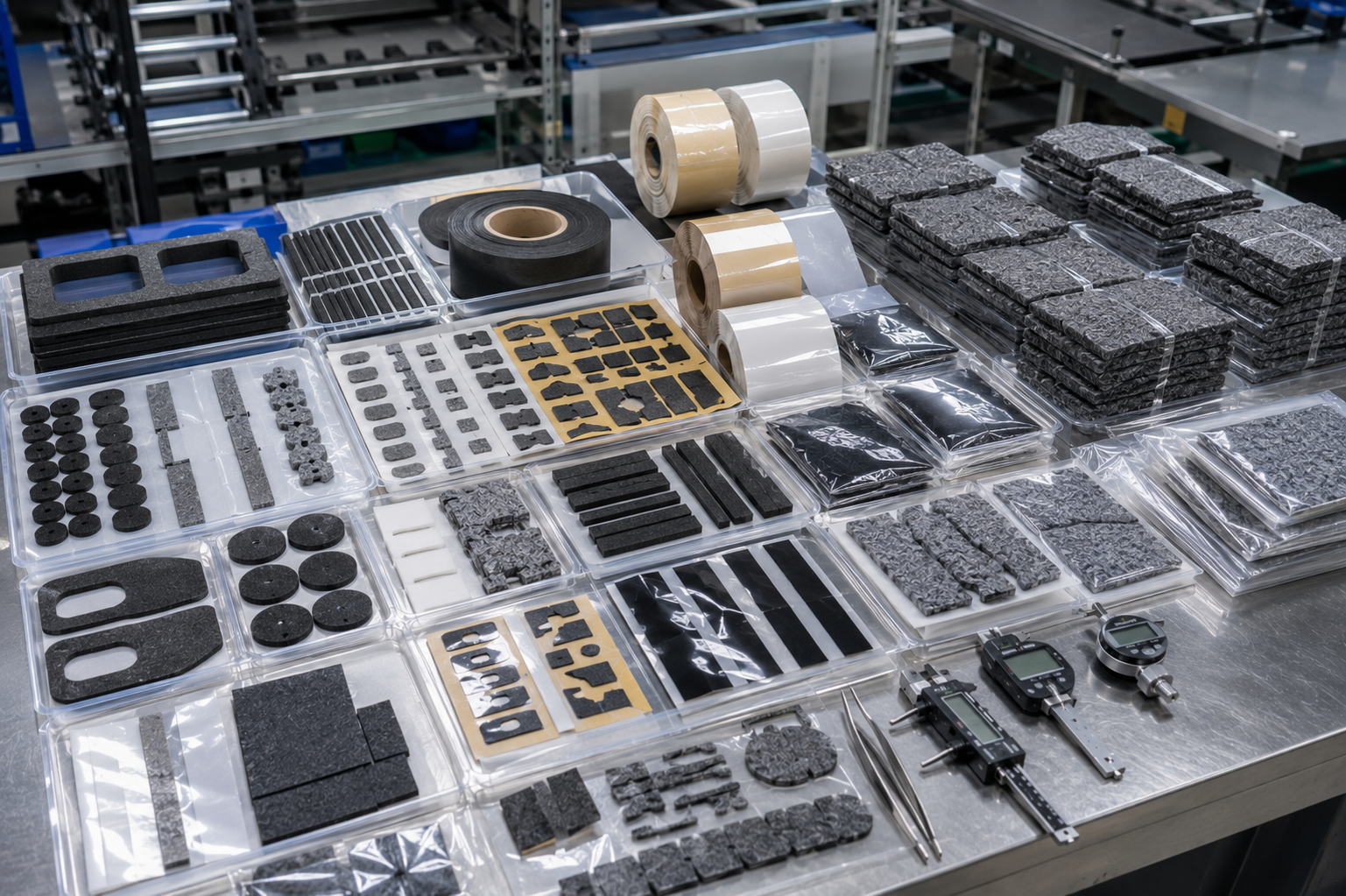 Professional automotive die cut parts production and packaging scene showing adhesive-backed foam gaskets, non-woven felt strips, rubber damping pads, PET insulation films, black PET light-blocking films, protective films, double-sided tape frames, kiss-cut components on release liners, sheets, rolls, kits, clean trays, packaging bags, digital calipers, thickness gauges, and organized OEM production batches on a clean factory workstation. Image specification: body image 100–200 KB, width 1600–1920px, no 4K original upload needed, no text, no labels, no logos, no arrows, no icons