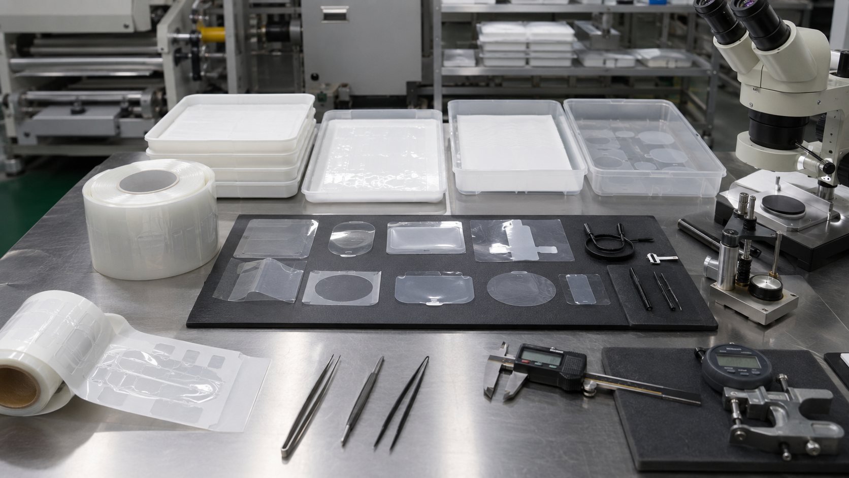 Realistic PET protective film die cutting workbench showing clear PET protective films, adhesive-backed PET films, pull-tab protective films, release liners, display panel samples, sensor window covers, appliance control panels, electronic housings, metal covers, clean trays, tweezers, digital calipers, thickness gauges, peel testing tools, anti-static tools, and optical inspection equipment in a clean factory environment. Image specification: first image 150–250 KB, width 1600–1920px, no 4K original upload needed, no text, no labels, no logos, no arrows, no icons