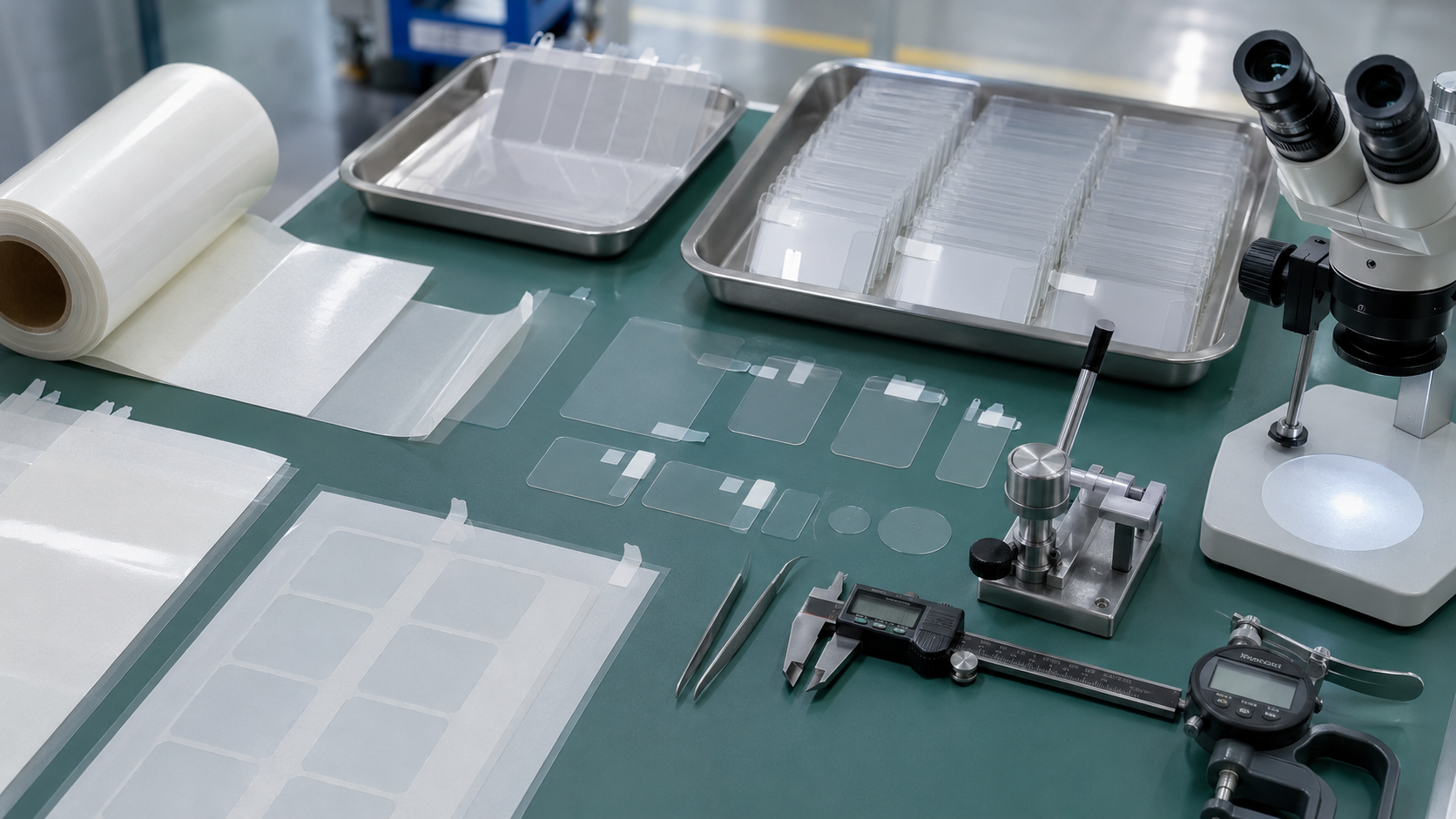 Clean PET protective film inspection scene showing die cut clear PET protective films with pull tabs, adhesive-backed PET films, release liners, display window samples, appliance control panel samples, sensor covers, plastic housings, metal panels, peel testing tools, tweezers, digital calipers, thickness gauges, optical inspection tools, and organized clean trays. Image specification: body image 100–200 KB, width 1600–1920px, no 4K original upload needed, no text, no labels, no logos, no arrows, no icons