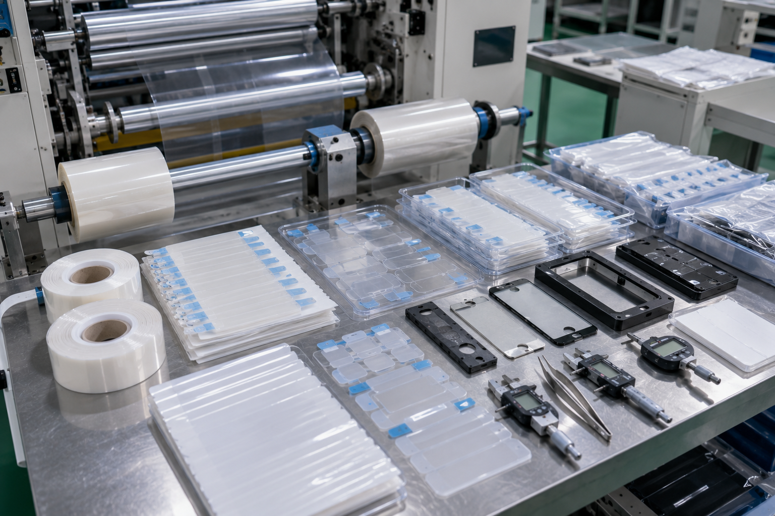 Professional PET protective film die cutting and packaging scene showing roll-to-roll PET protective film converting, clear protective films with pull tabs, adhesive-backed PET films, kiss-cut film parts on release liners, waste matrix removal samples, sheets, rolls, clean trays, packaging bags, optical inspection tools, digital calipers, and thickness gauges on a clean factory workstation. Image specification: body image 100–200 KB, width 1600–1920px, no 4K original upload needed, no text, no labels, no logos, no arrows, no icons