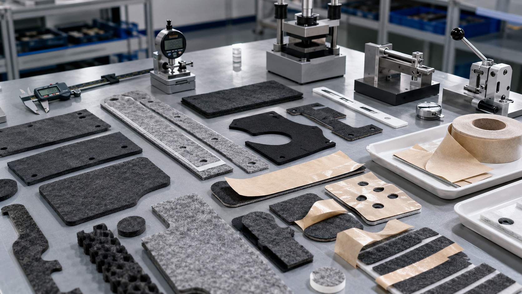 Realistic automotive felt and NVH component workbench showing die cut non-woven felt pads, needle-punched felt strips, adhesive-backed felt parts, foam cushioning pads, rubber damping pads, automotive door panel samples, dashboard trim pieces, HVAC duct sections, wire harness contact areas, clean trays, digital calipers, thickness gauges, compression testing blocks, and peel testing tools in a professional factory environment. Image specification: first image 150–250 KB, width 1600–1920px, no 4K original upload needed, no text, no labels, no logos, no arrows, no icons