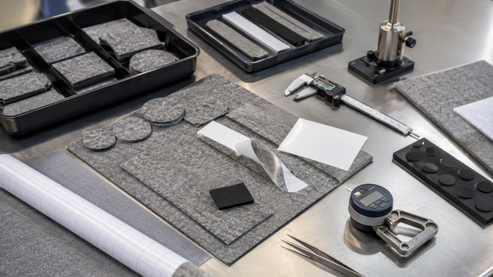 Clean automotive felt inspection scene showing die cut felt pads, adhesive-backed felt strips, needle-punched felt sheets, non-woven felt liners, foam pads, rubber damping pads, automotive trim samples, wire harness contact points, release liners, peel testing tools, tweezers, digital calipers, thickness gauges, and organized inspection trays. Image specification: body image 100–200 KB, width 1600–1920px, no 4K original upload needed, no text, no labels, no logos, no arrows, no icons