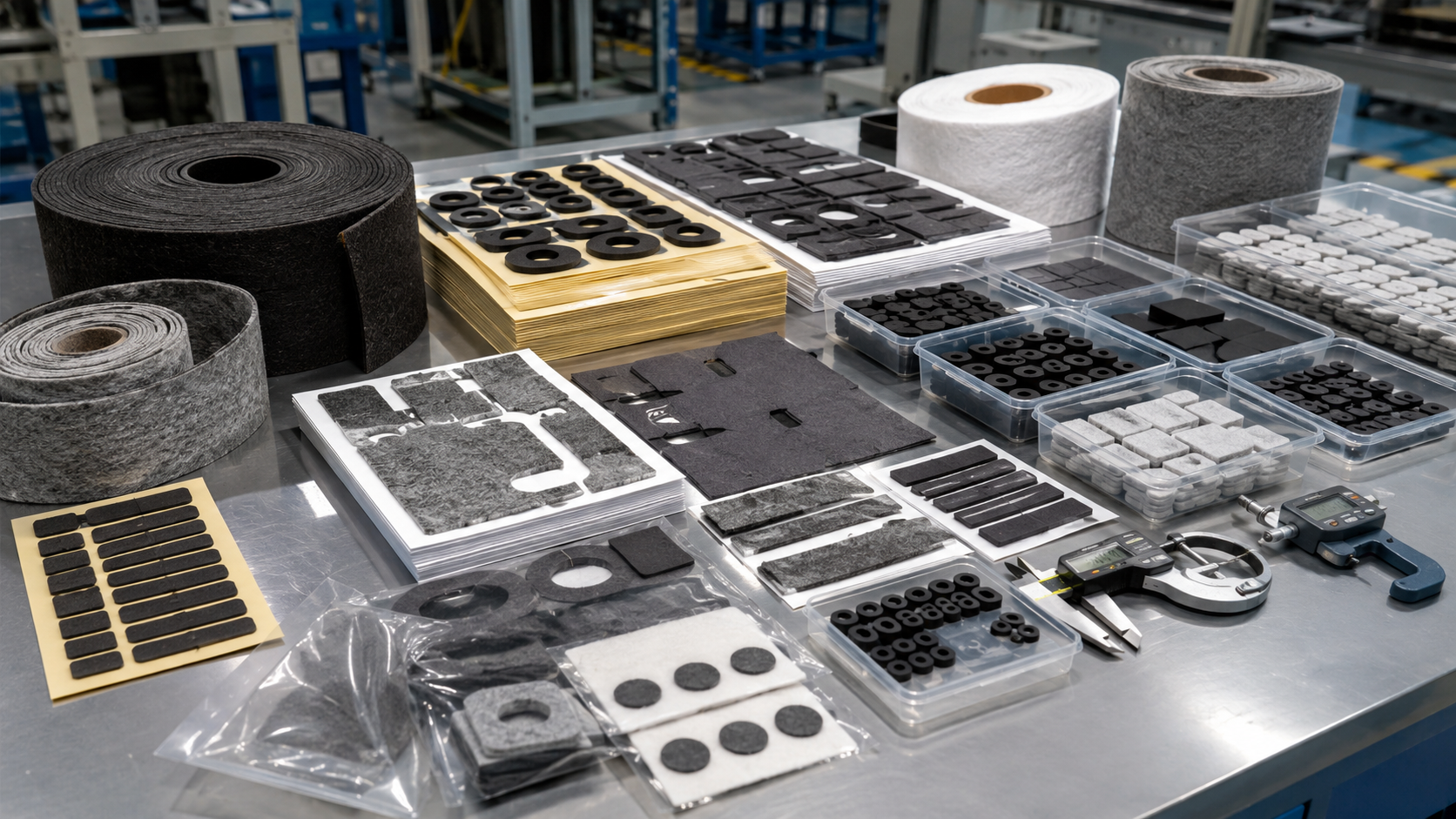 Professional automotive felt die cutting and packaging scene showing adhesive-backed felt pads, needle-punched felt strips, non-woven felt liners, foam cushioning pads, rubber damping pads, kiss-cut felt components on release liners, sheets, rolls, kits, clean trays, packaging bags, digital calipers, thickness gauges, and inspection tools on a clean factory workstation. Image specification: body image 100–200 KB, width 1600–1920px, no 4K original upload needed, no text, no labels, no logos, no arrows, no icons
