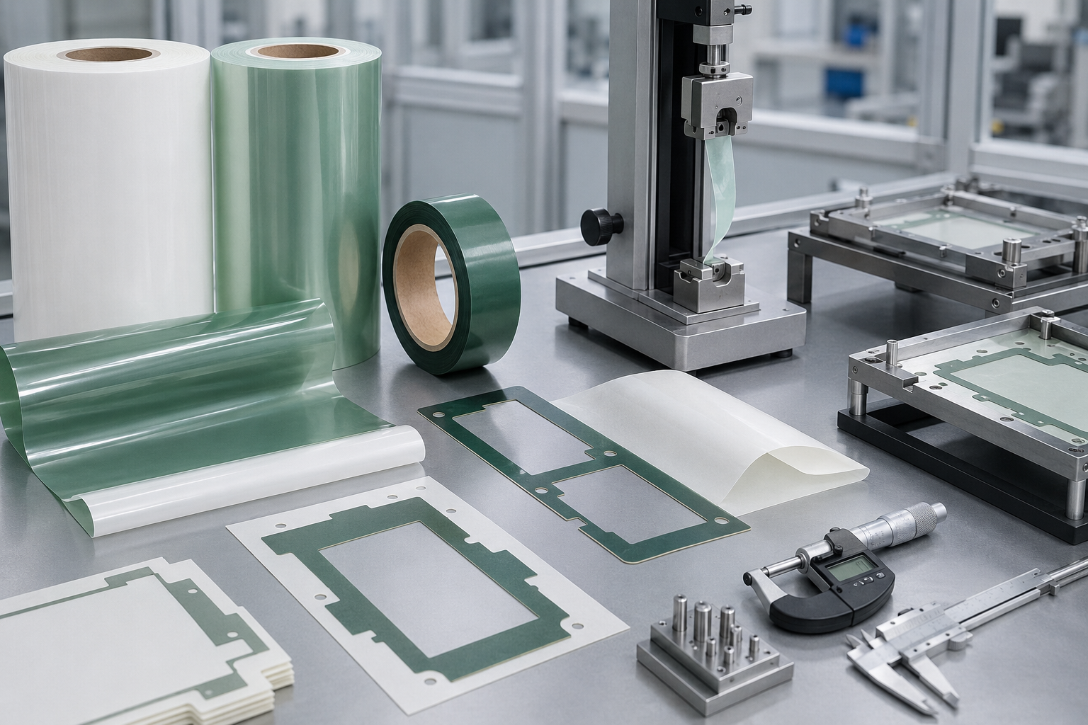 Image Description: Realistic industrial photography showing precision die cut PET insulation films, adhesive-backed PET parts, insulation tape components, protective films, release liners, digital calipers, thickness gauges, and OEM engineering tools on a clean workbench. No battery cells, battery modules, readable text, logos, arrows, or icons. Image width: 1600–1920 px. Target file size: 100–200 KB.