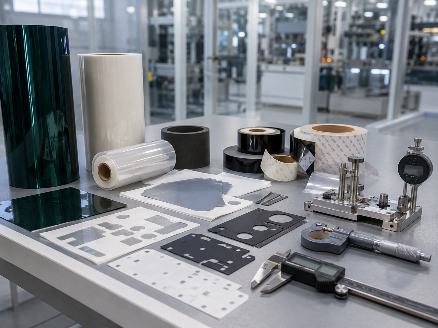 Image Description: Clean OEM engineering scene showing adhesive-backed PET insulation films, insulation tape frames, release liners, peel-test equipment, dimensional inspection tools, and assembly fixtures for EV battery production. No battery cells, complete battery packs, text, labels, logos, arrows, or icons. Image width: 1600–1920 px. Target file size: 100–200 KB.