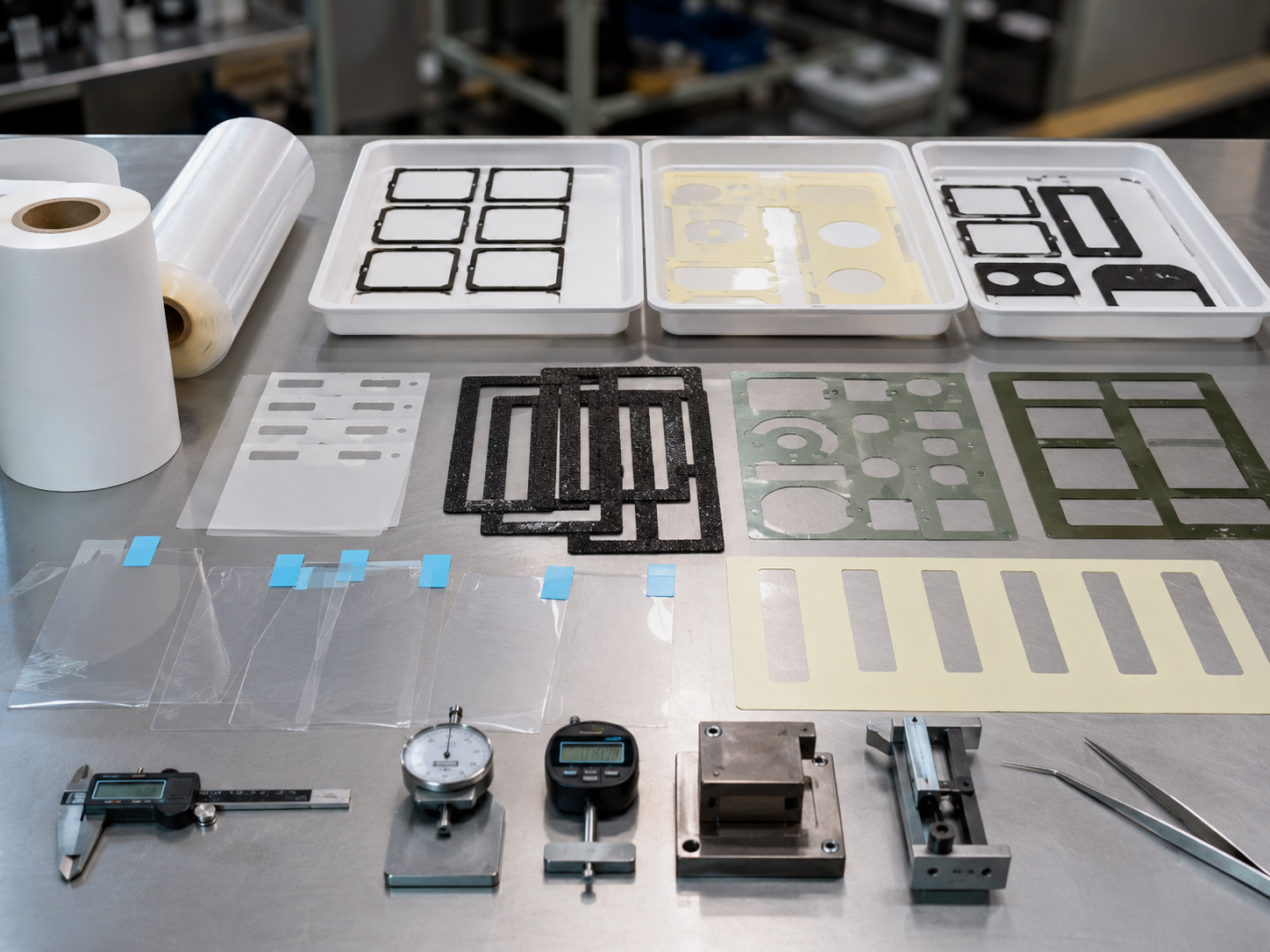 Realistic OEM adhesive tape component workbench for EV battery and energy storage assembly showing die cut double-sided tape frames, foam tape gaskets, adhesive-backed PET insulation films, protective film pieces with pull tabs, release liners, electrical enclosure cover samples, control box housing samples, cable channel samples, clean trays, digital calipers, thickness gauges, peel testing tools, compression blocks, and tweezers in a professional factory environment. Image specification: first image 150–250 KB, width 1600–1920px, no 4K original upload needed, no text, no labels, no logos, no arrows, no icons