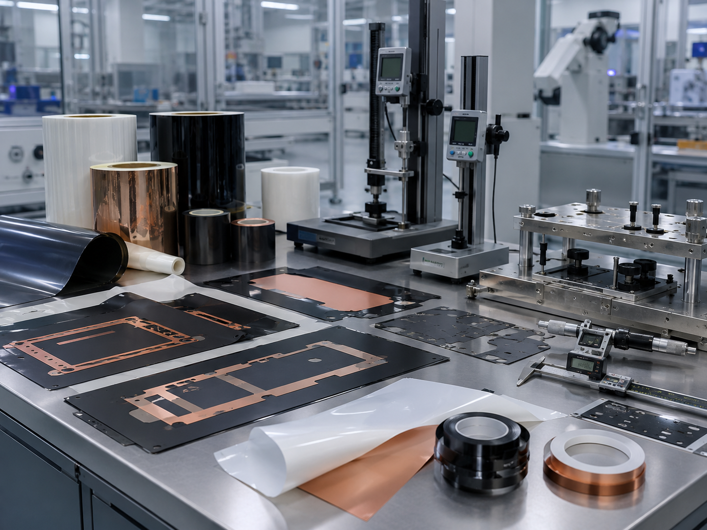 Image Description: Realistic factory quality inspection scene showing finished die cut PET insulation films, adhesive-backed insulation frames, release liner sheets, digital calipers, optical inspection equipment, protective packaging, and organized OEM production trays. No battery cells, battery modules, text, labels, logos, arrows, or icons. Image width: 1600–1920 px. Target file size: 100–200 KB.