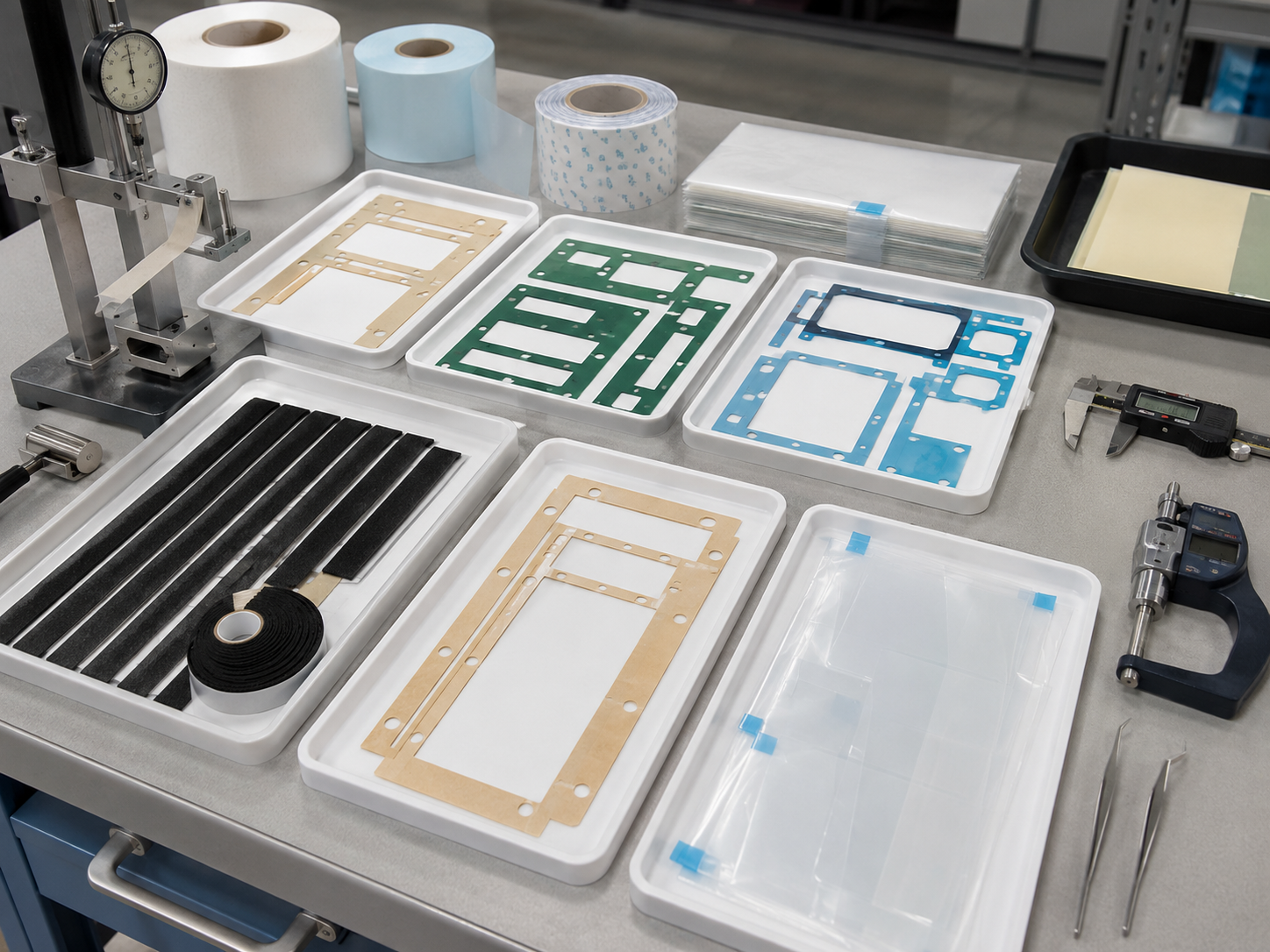 Clean adhesive tape and PET insulation film inspection scene showing die cut double-sided tape frames, adhesive-backed PET insulation films, foam tape strips, protective films with pull tabs, release liners, electrical enclosure samples, control box cover parts, plastic bonding samples, metal panels, peel testing tools, tweezers, digital calipers, thickness gauges, and organized clean trays. Image specification: body image 100–200 KB, width 1600–1920px, no 4K original upload needed, no text, no labels, no logos, no arrows, no icons