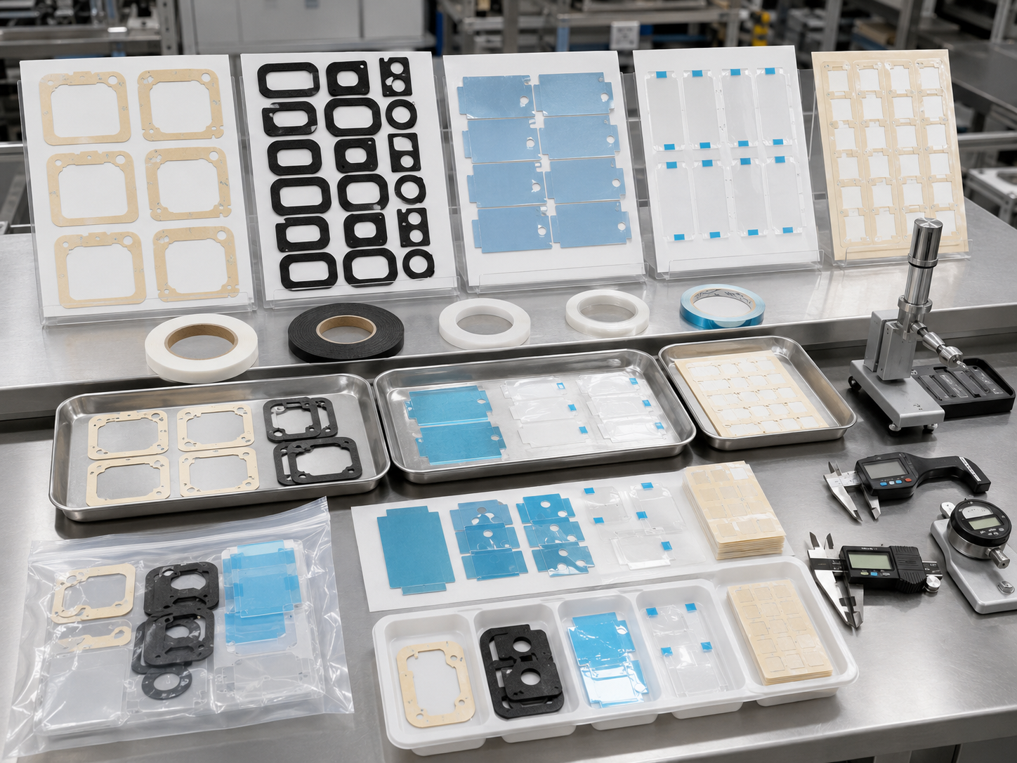 Professional adhesive tape component die cutting and packaging scene showing double-sided tape frames, foam tape gaskets, adhesive-backed PET insulation films, protective films with pull tabs, kiss-cut components on release liners, sheets, rolls, kits, clean trays, packaging bags, digital calipers, thickness gauges, peel testing tools, and organized OEM production batches on a clean factory workstation. Image specification: body image 100–200 KB, width 1600–1920px, no 4K original upload needed, no text, no labels, no logos, no arrows, no icons