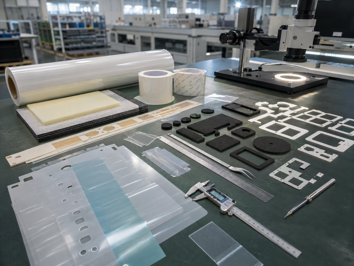 Image Description: Realistic industrial photography showing custom die cut PET insulation films, adhesive-backed PET frames, double-sided tape parts, PE and EVA foam pads, EPDM rubber pieces, protective films, release liners, precision cutting tools, calipers, and magnification equipment on a clean engineering workbench. No battery cells, battery packs, text, labels, logos, arrows, or icons. Image width: 1600–1920 px. Target file size: 100–200 KB.