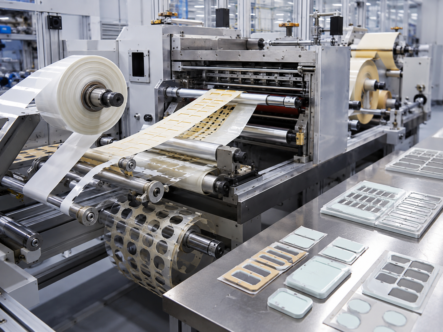Image Description: Clean roll-to-roll converting scene showing PET insulation film, double-sided adhesive tape, adhesive-backed foam, release liners, rotary die cutting, controlled web tension, matrix waste removal, and organized finished insulation parts beside the equipment. No people, batteries, readable screens, text, labels, logos, arrows, or icons. Image width: 1600–1920 px. Target file size: 100–200 KB.