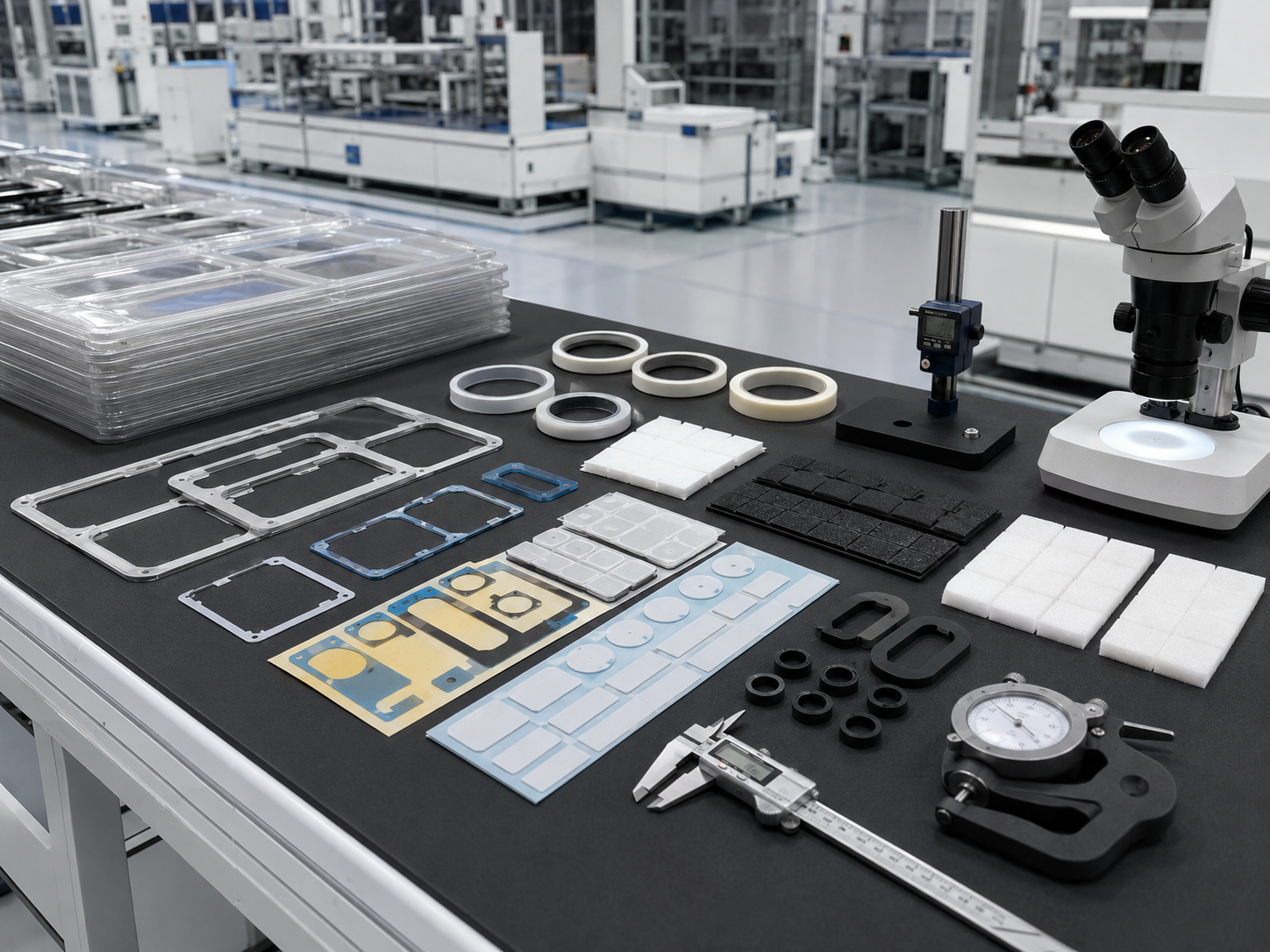 Image Description: Realistic factory inspection scene showing finished die cut PET insulation frames, adhesive-backed PET components, tape rings, PE and EVA foam pads, EPDM rubber parts, protective film pieces, release liner sheets, digital calipers, thickness gauges, magnification tools, and clean packaging trays. No batteries, text, labels, logos, arrows, or icons. Image width: 1600–1920 px. Target file size: 100–200 KB.