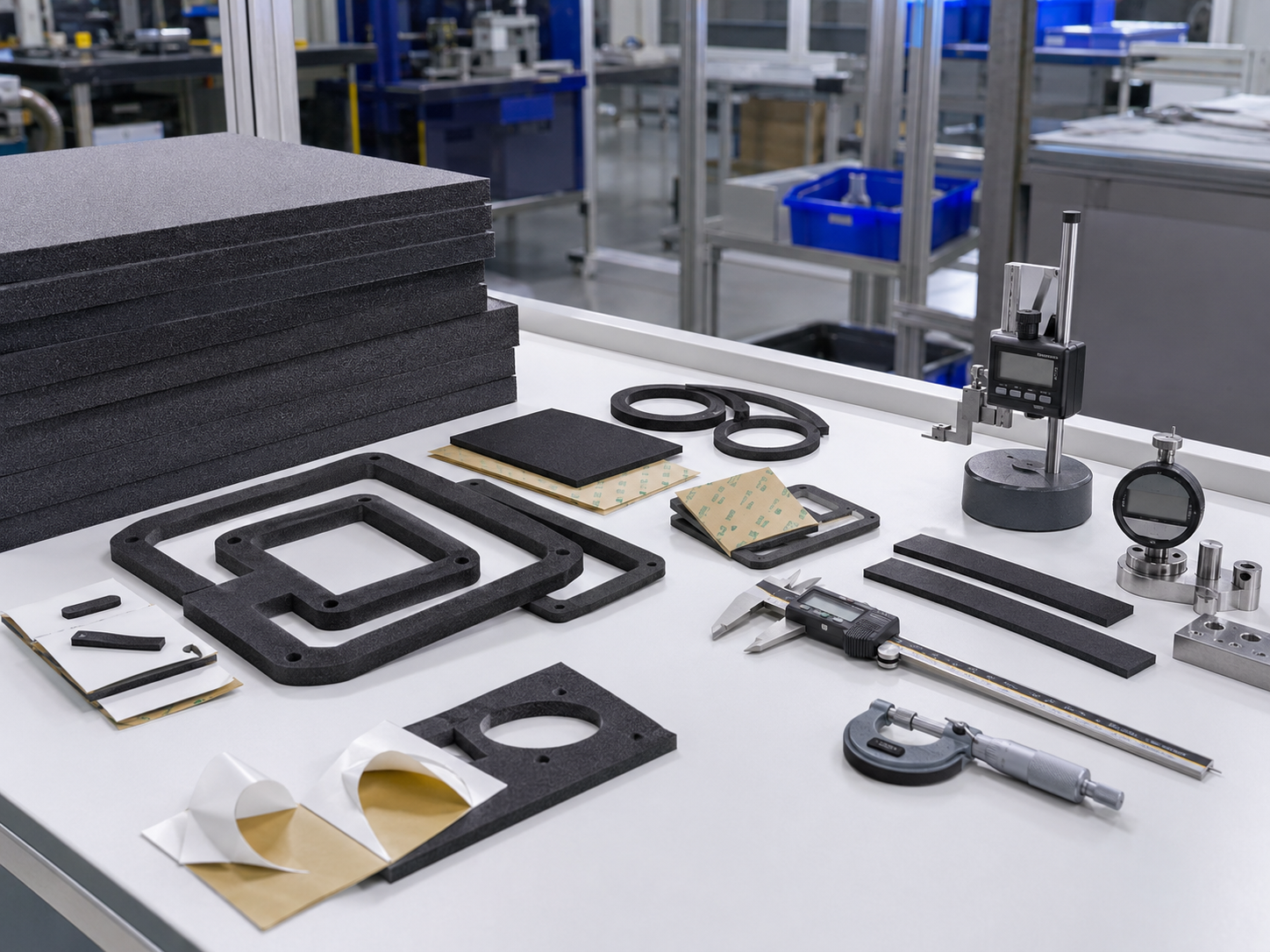 Image Description: Realistic industrial photography showing large foam gasket sheets beside finished custom die cut foam gasket frames, rings, strips, adhesive-backed parts, release liners, calipers, thickness gauges, and clean OEM inspection tools on a professional workbench. No people, text, labels, logos, arrows, or icons. Image width: 1600–1920 px. Target file size: 100–200 KB.