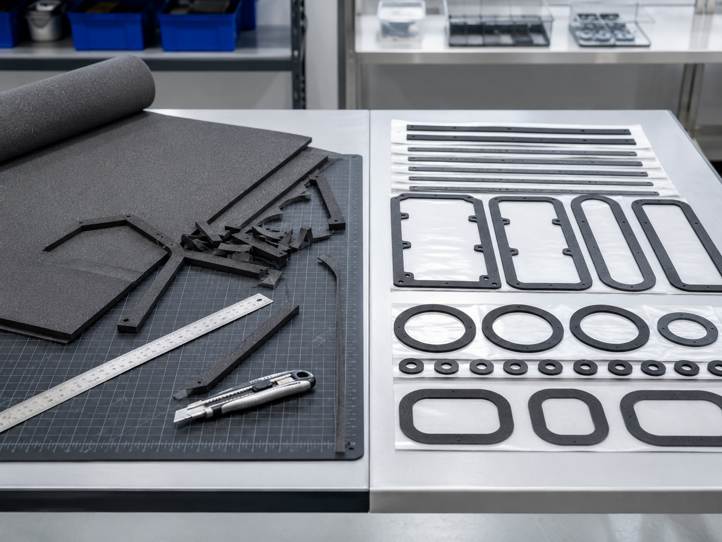 Image Description: Clean OEM assembly comparison scene showing one workstation manually trimming foam gasket sheets with cutting tools and another area containing finished adhesive-backed die cut foam gaskets arranged on release liners for efficient installation. No people, readable documents, text, labels, logos, arrows, or icons. Image width: 1600–1920 px. Target file size: 100–200 KB.