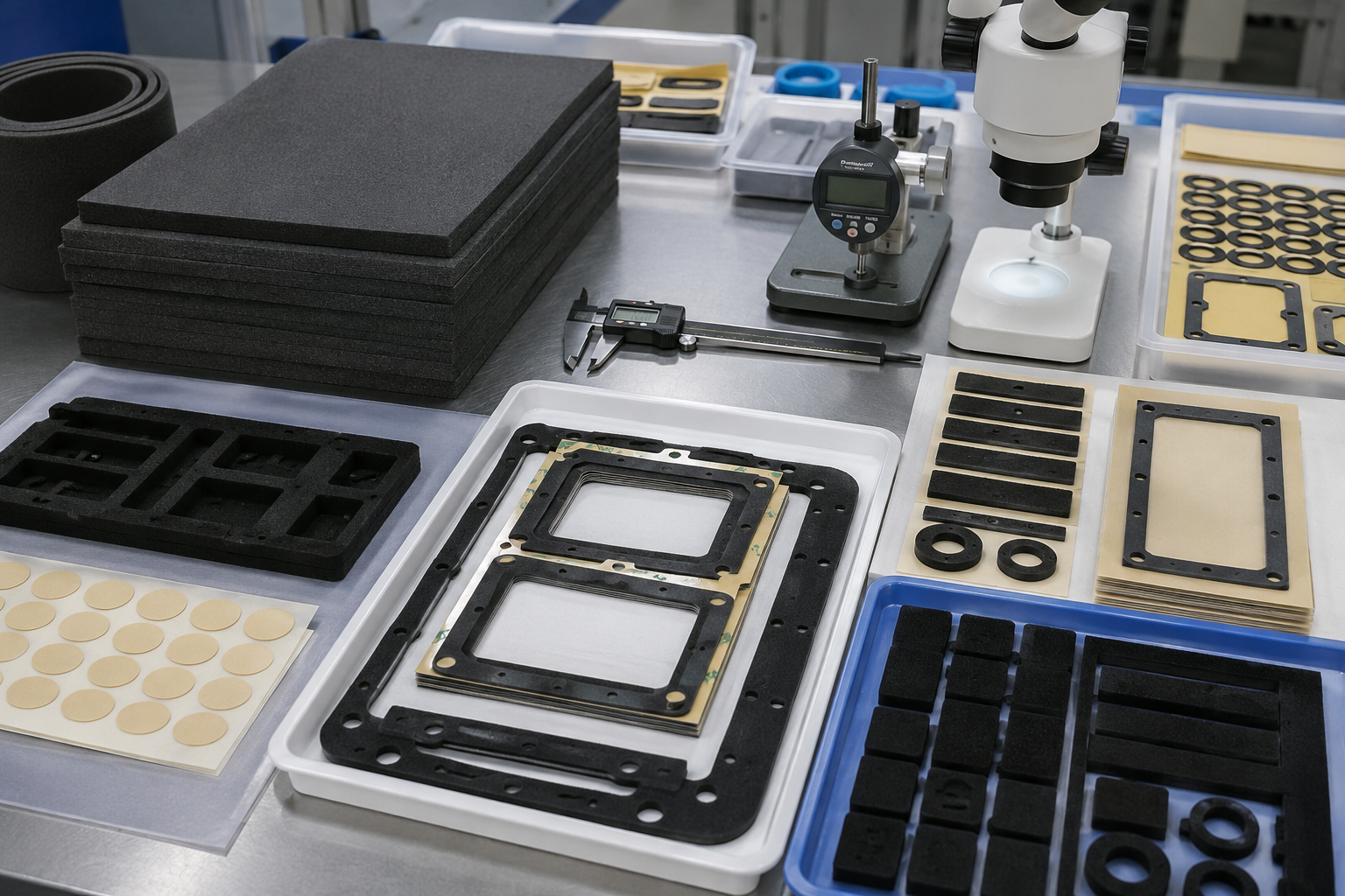 Image Description: Realistic factory inspection scene showing finished custom die cut foam gasket frames, rings, strips, adhesive-backed pads, release liner sheets, organized trays, digital calipers, thickness gauges, magnification tools, and protective packaging beside unused foam sheet stock. No people, text, labels, logos, arrows, or icons. Image width: 1600–1920 px. Target file size: 100–200 KB.
