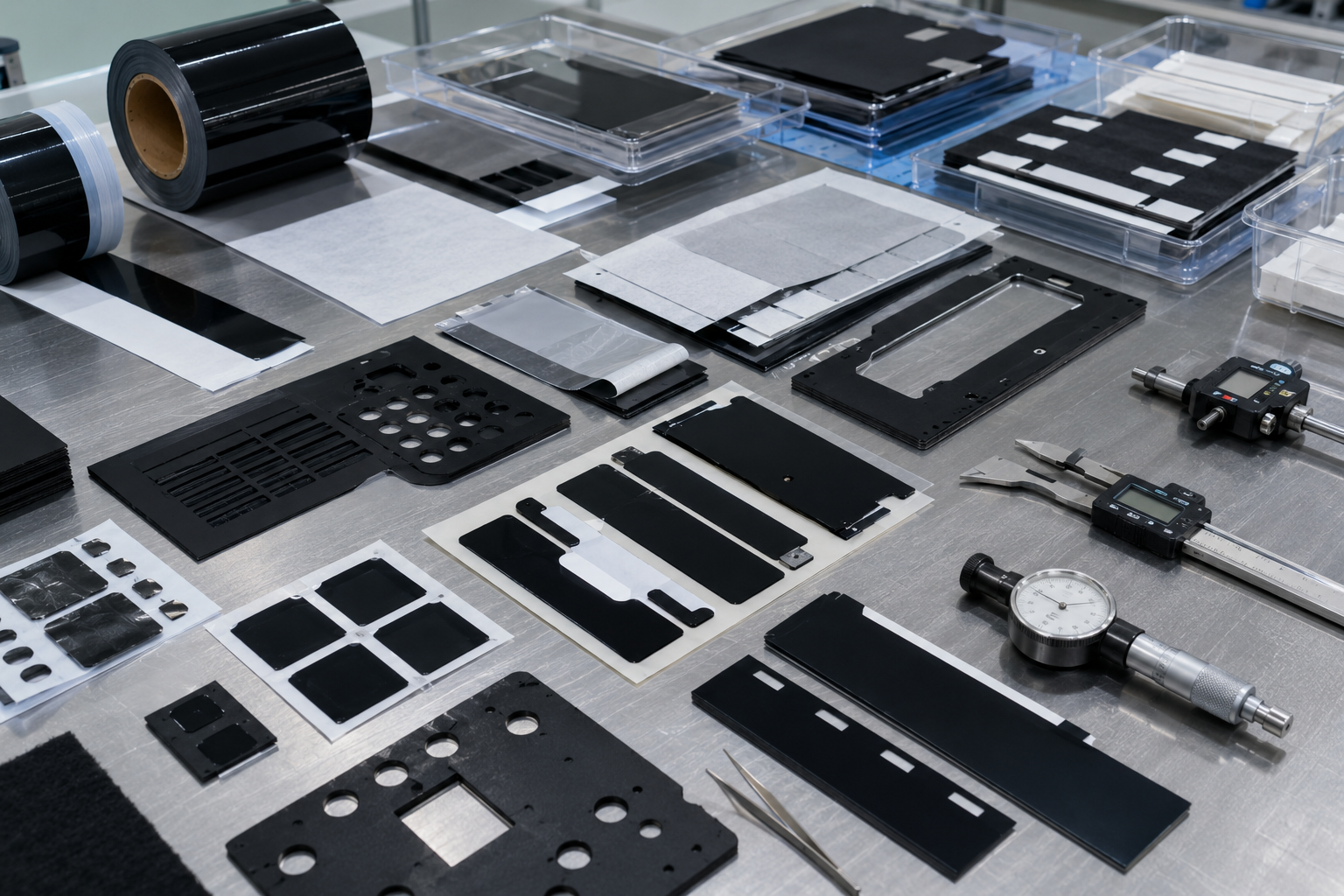Image Description: Realistic industrial photography showing precision die cut black light-blocking films, black PET film components, adhesive-backed optical film parts, release liners, inspection tools, digital calipers, and clean OEM workbench setup for optical and electronic component manufacturing. No displays, complete devices, text, labels, logos, arrows, or icons. Image width: 1600–1920 px. Target file size: 100–200 KB.