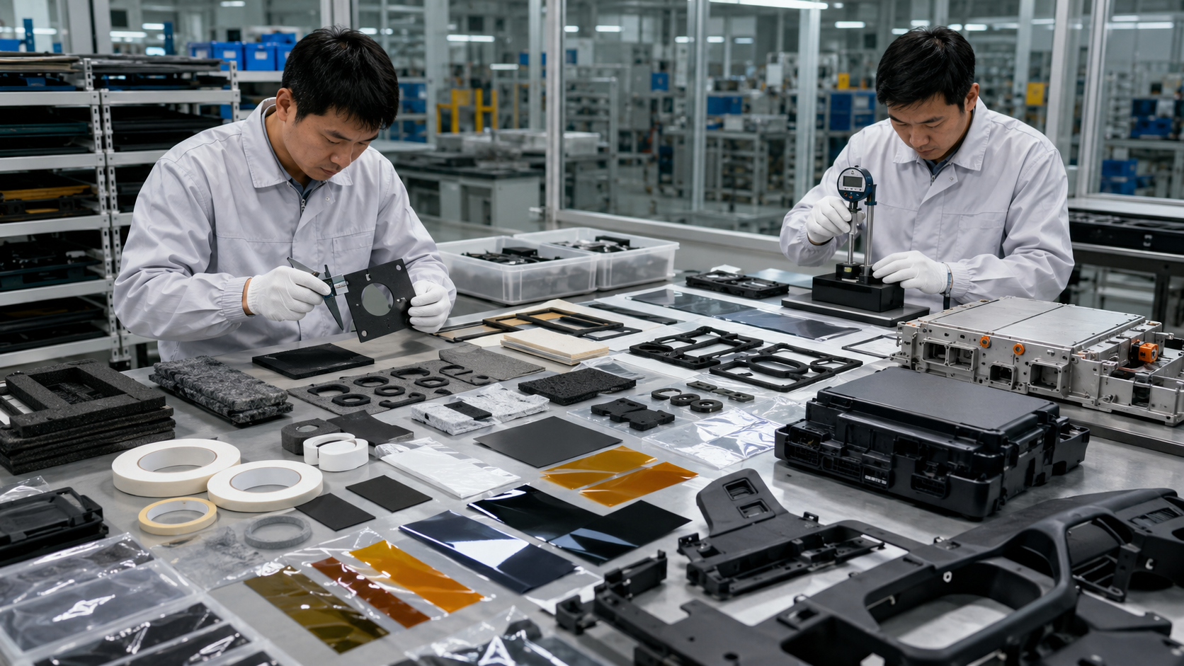 Quality inspection and packaging of automotive die cut foam film tape rubber and felt parts