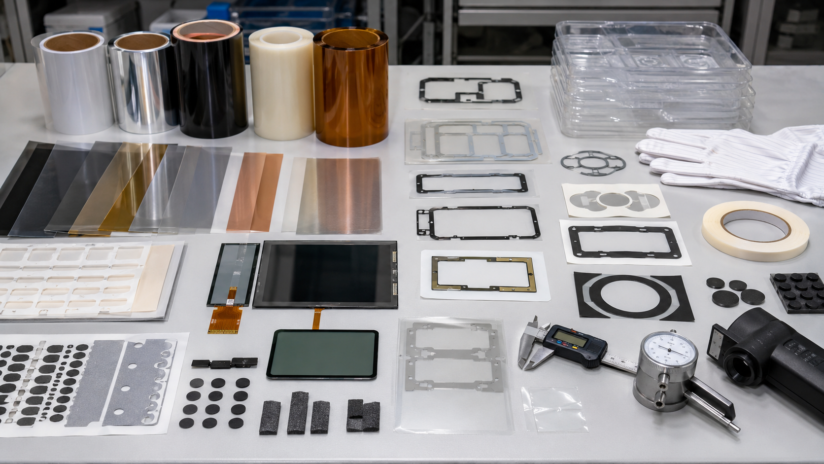 Die cut films and adhesive materials for display module assembly
