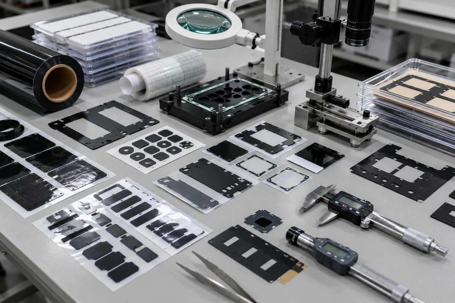 Image Description: Clean optical component development scene showing adhesive-backed black PET light-blocking films, die cut optical masks, release liners, inspection fixtures, magnification tools, and dimensional measurement equipment on an OEM engineering table. No complete displays, products with logos, readable text, labels, arrows, or icons. Image width: 1600–1920 px. Target file size: 100–200 KB.