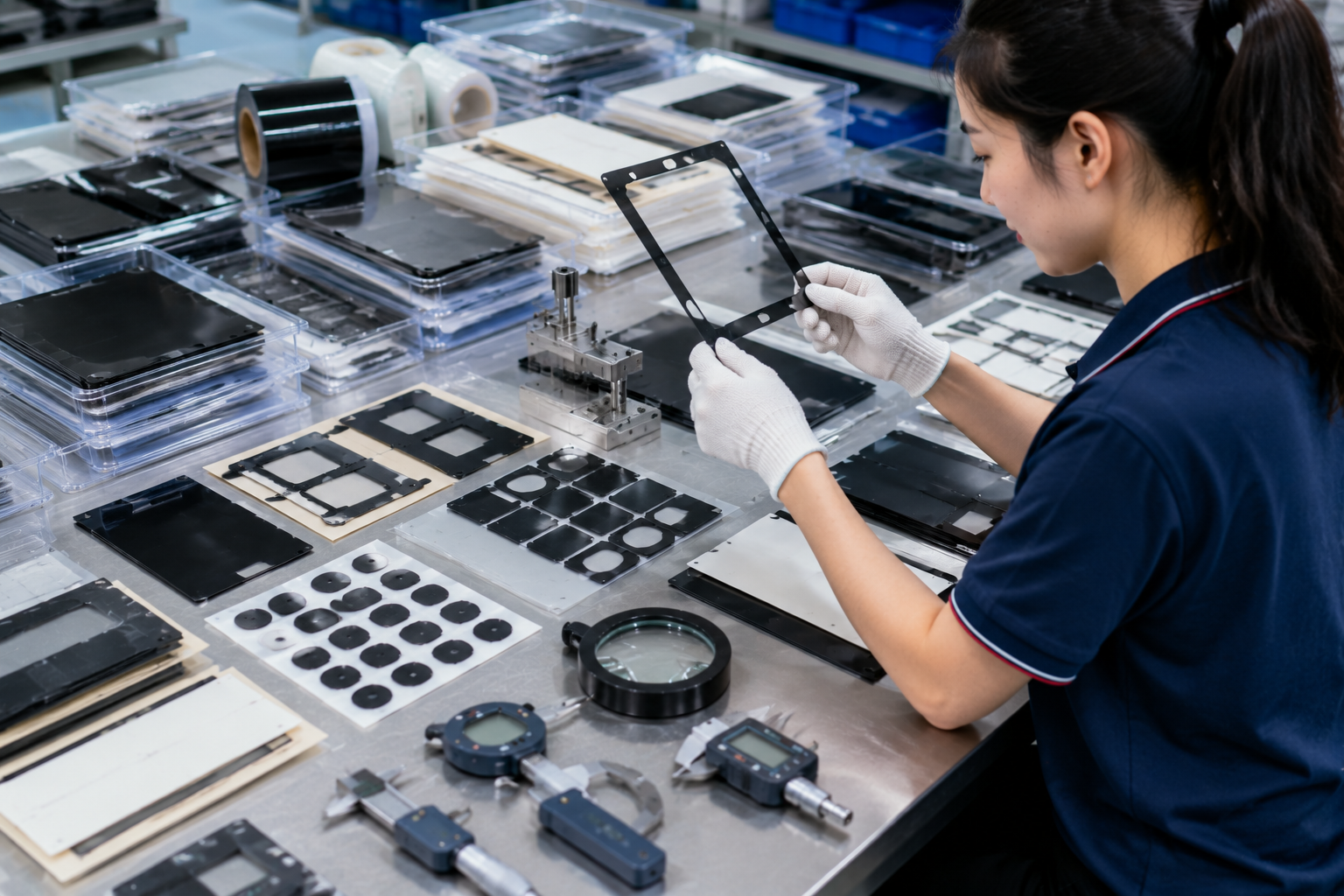 Image Description: Realistic factory quality inspection scene showing finished black PET light-blocking film components, adhesive-backed optical film frames, release liner sheets, inspection trays, digital calipers, thickness gauges, magnification tools, and organized OEM production batches. No complete electronic devices, displays, text, labels, logos, arrows, or icons. Image width: 1600–1920 px. Target file size: 100–200 KB.