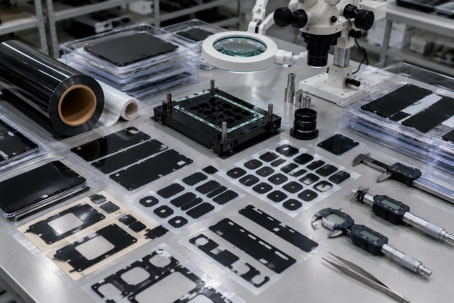 Image Description: Realistic industrial photography showing precision die cut black PET film components, protective film parts, adhesive-backed film frames, release liners, optical inspection tools, digital calipers, and OEM engineering samples on a clean workbench. No complete products, displays, text, labels, logos, arrows, or icons. Image width: 1600–1920 px. Target file size: 100–200 KB.