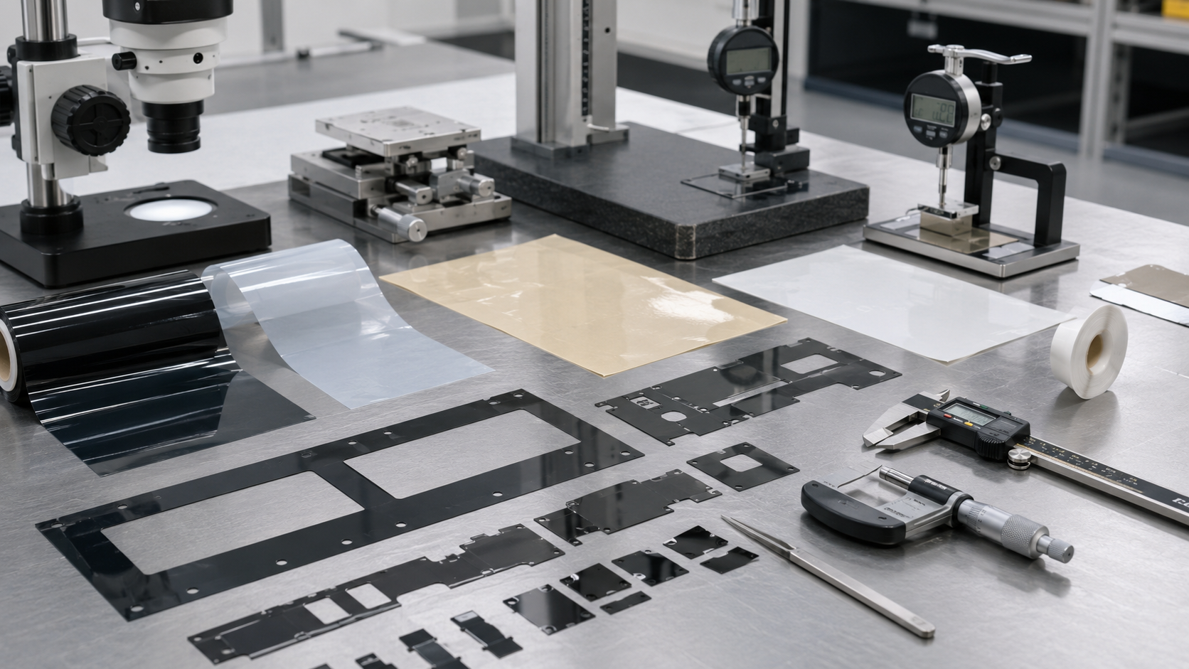 Image Description: Clean OEM engineering scene showing black PET light-blocking film frames, temporary protective film sheets, adhesive-backed film components, release liners, peel testing tools, optical inspection fixtures, and dimensional measurement equipment. No complete displays, devices, text, labels, logos, arrows, or icons. Image width: 1600–1920 px. Target file size: 100–200 KB.
