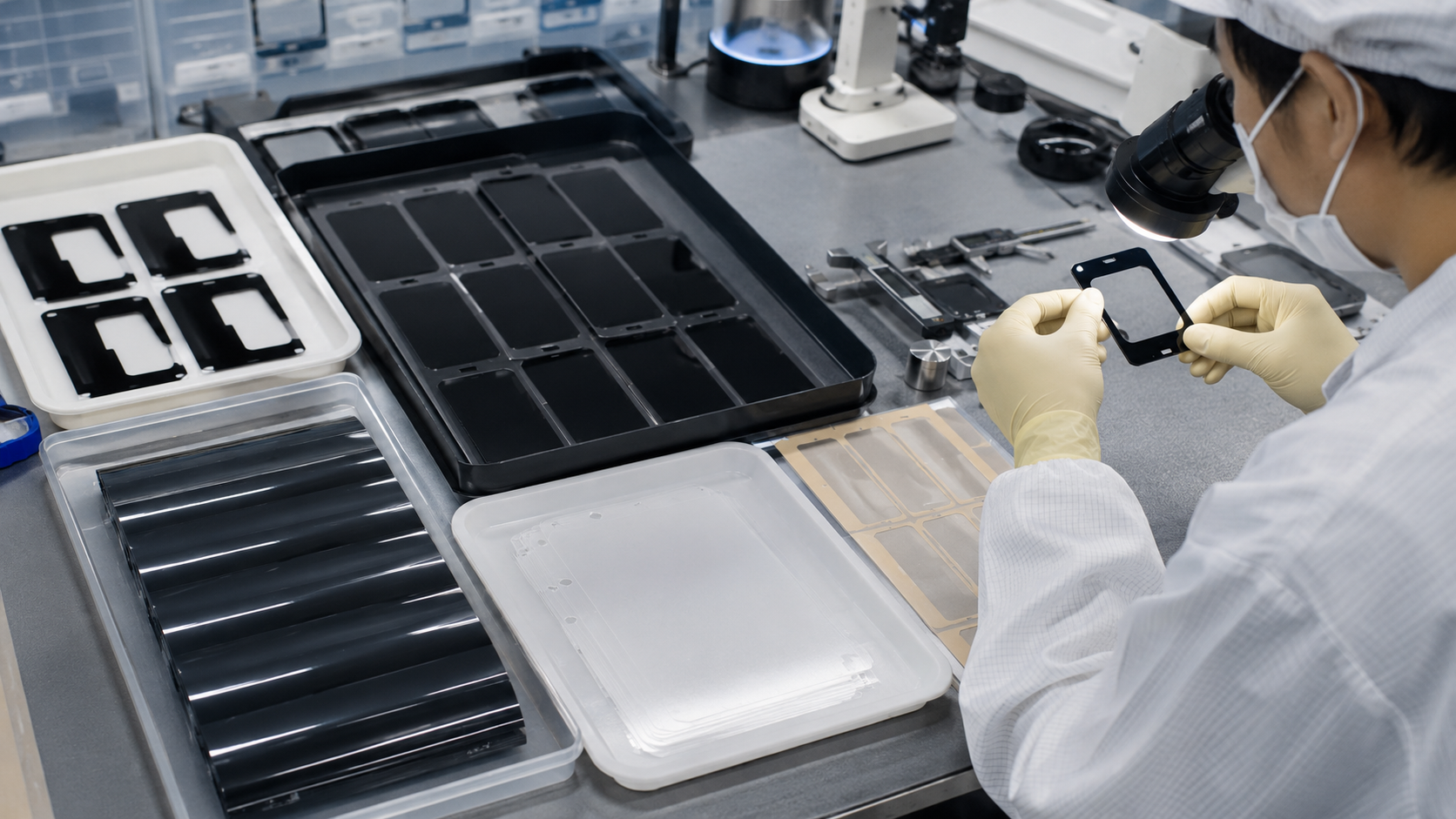 Image Description: Realistic factory quality inspection scene showing finished black PET light-blocking film parts, protective film components, adhesive-backed film frames, release liner sheets, inspection trays, digital calipers, magnification equipment, and organized OEM production batches. No complete electronic devices, text, labels, logos, arrows, or icons. Image width: 1600–1920 px. Target file size: 100–200 KB.
