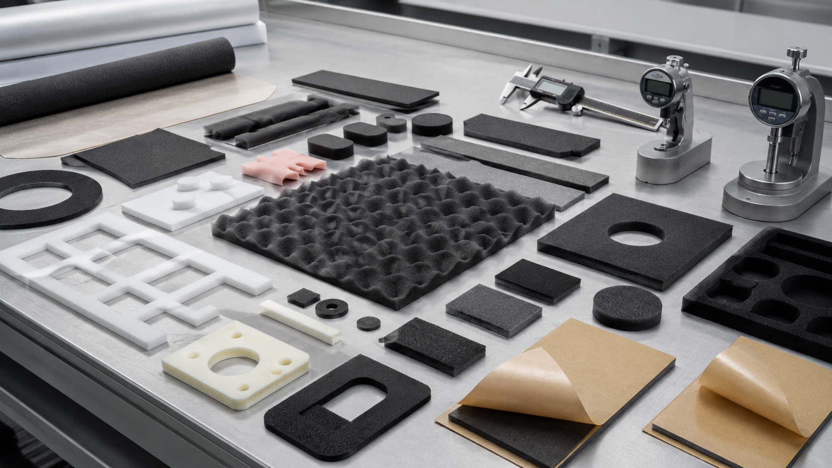 Image Description: Realistic industrial photography showing die cut sound absorbing foam parts, acoustic foam pads, EVA and PU foam components, adhesive-backed foam pieces, release liners, digital calipers, thickness gauges, and OEM inspection tools on a clean manufacturing workbench. No people, complete products, text, labels, logos, arrows, or icons. Image width: 1600–1920 px. Target file size: 100–200 KB.