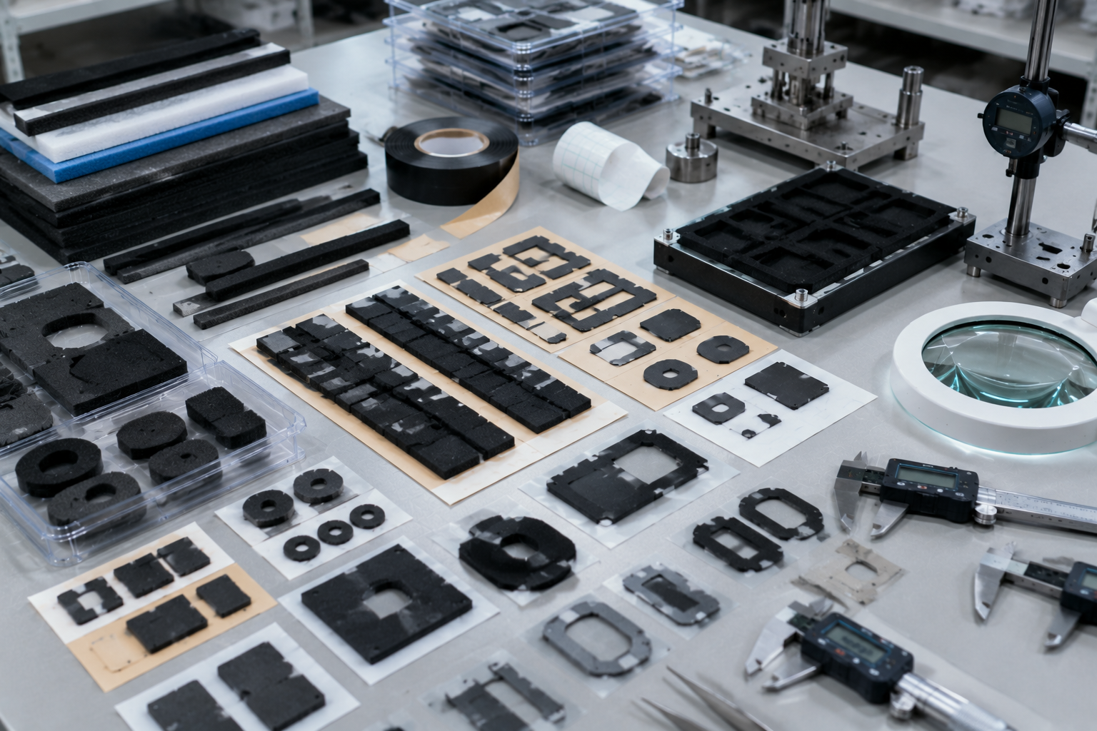 Image Description: Clean OEM engineering scene showing adhesive-backed sound absorbing foam pads, PU foam parts, EVA foam strips, release liners, peel-test tools, dimensional fixtures, and sample assemblies for automotive and electronic applications. No people, vehicles, complete appliances, text, labels, logos, arrows, or icons. Image width: 1600–1920 px. Target file size: 100–200 KB.