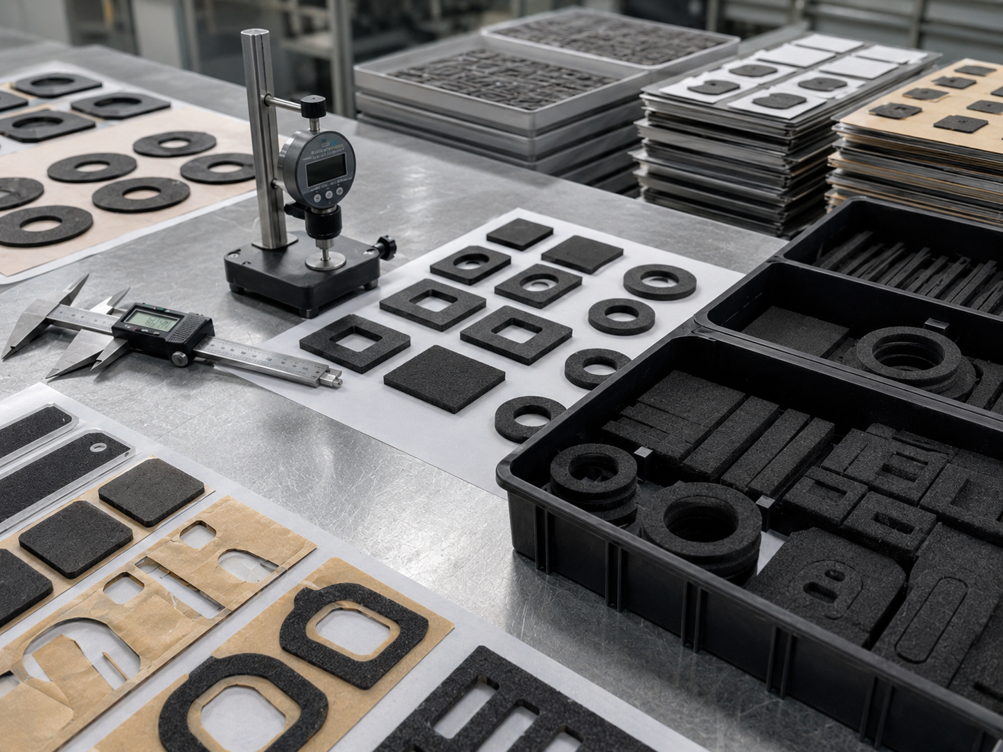 Image Description: Realistic factory quality inspection scene showing finished die cut sound absorbing foam parts, acoustic foam pads, adhesive-backed foam components, release liner sheets, inspection trays, digital calipers, thickness gauges, and organized OEM production batches. No people, complete products, text, labels, logos, arrows, or icons. Image width: 1600–1920 px. Target file size: 100–200 KB.