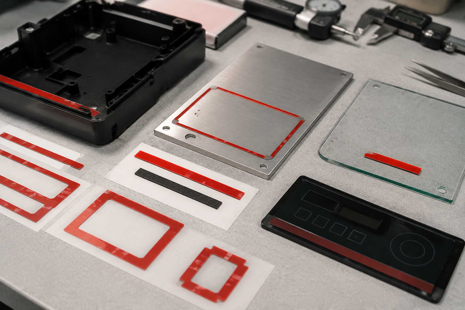 Realistic OEM adhesive tape selection workbench showing die cut VHB tape frames, double-sided foam tape pads, adhesive-backed tape strips, release liners, plastic bonding samples, metal panels, glass samples, electronic housings, automotive trim parts, appliance control panel samples, clean trays, digital calipers, thickness gauges, peel testing tools, compression blocks, and tweezers in a professional factory environment. Image specification: first image 150–250 KB, width 1600–1920px, no 4K original upload needed, no text, no labels, no logos, no arrows, no icons