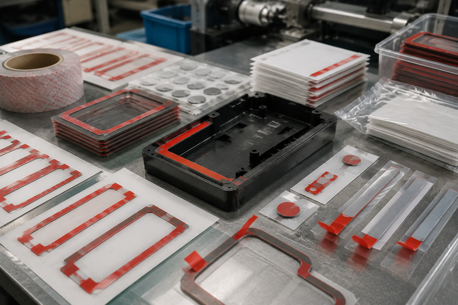 Professional VHB tape component die cutting and packaging scene showing double-sided foam tape frames, die cut VHB strips, circular adhesive pads, kiss-cut components on release liners, sheets, rolls, pull-tab tape parts, clean trays, packaging bags, digital calipers, thickness gauges, peel testing tools, and organized OEM production batches on a clean factory workstation. Image specification: body image 100–200 KB, width 1600–1920px, no 4K original upload needed, no text, no labels, no logos, no arrows, no icons