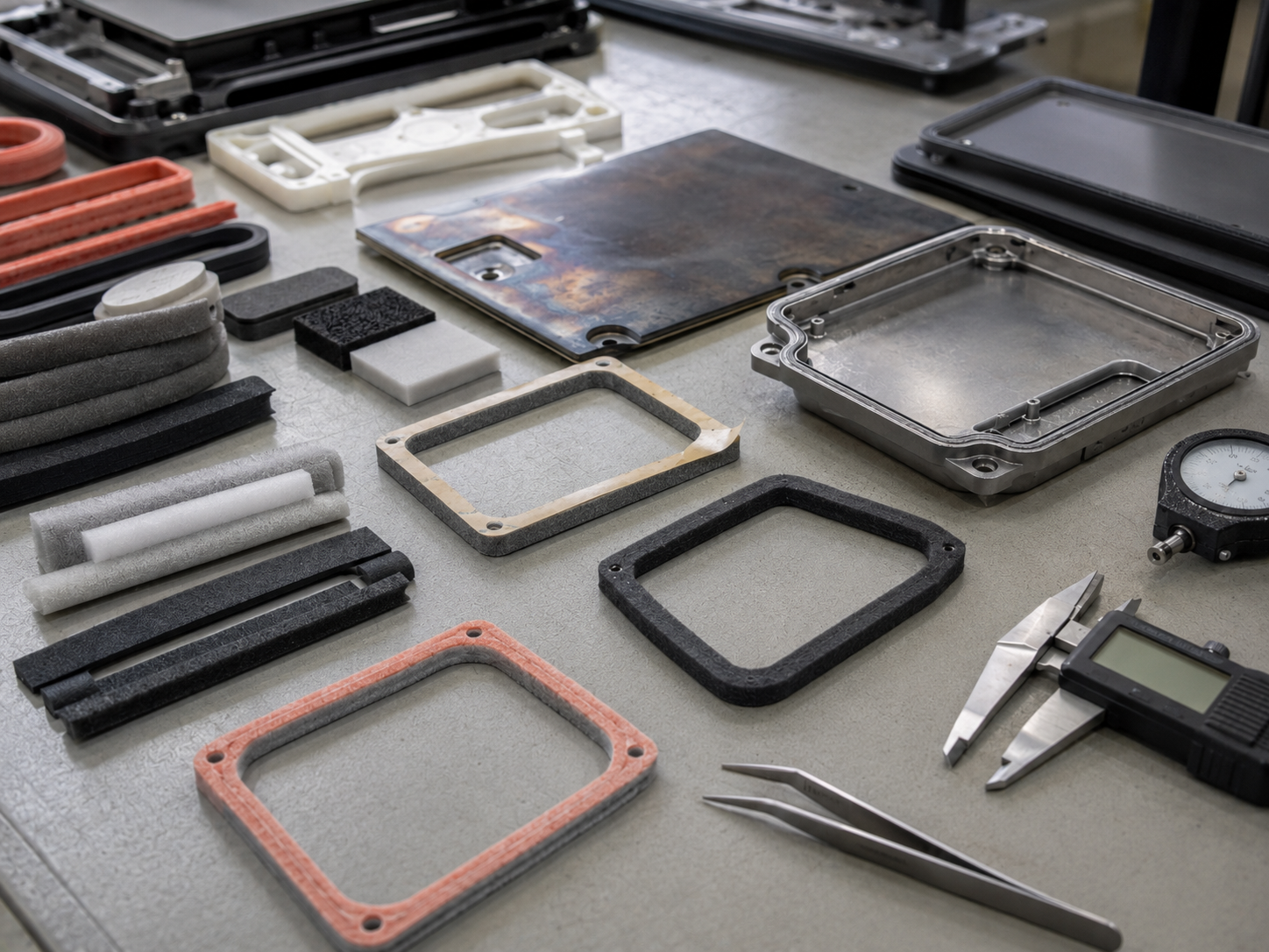 Realistic high temperature gasket material selection scene showing silicone foam gasket samples, silicone rubber pads, EPDM foam strips, adhesive-backed gasket frames, heat-exposed electronic enclosure covers, appliance panel parts, metal and plastic bonding surfaces, and a few inspection tools placed naturally on a clean engineering workbench with slight irregular spacing and soft industrial background depth. Image specification: first image 150–250 KB, width 1600–1920px, no 4K original upload needed, no text, no labels, no logos, no arrows, no icons