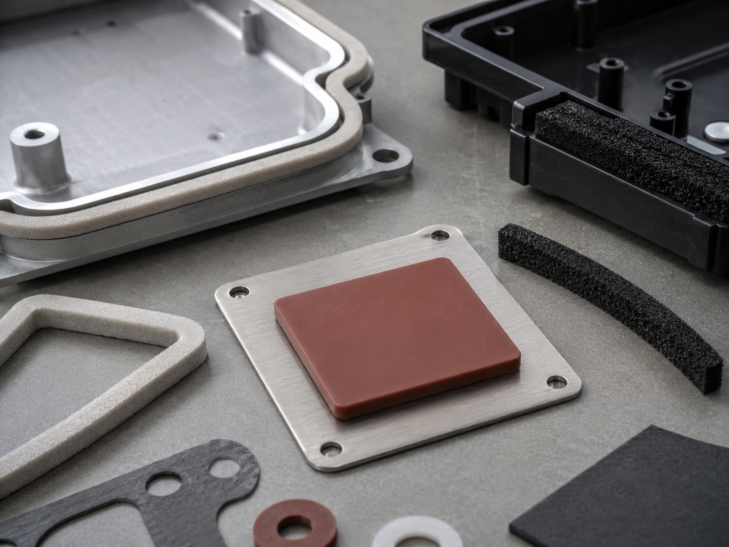 Close-up industrial photography showing high temperature gasket material comparison on different OEM surfaces, including a silicone foam gasket placed near an electronic cover, a silicone rubber pad beside a metal plate, and an EPDM foam strip near a plastic housing. The parts should be naturally positioned with slight irregular spacing, realistic shadows, and a clean premium engineering style, not arranged like a catalog display. Image specification: body image 100–200 KB, width 1600–1920px, no 4K original upload needed, no text, no labels, no logos, no arrows, no icons