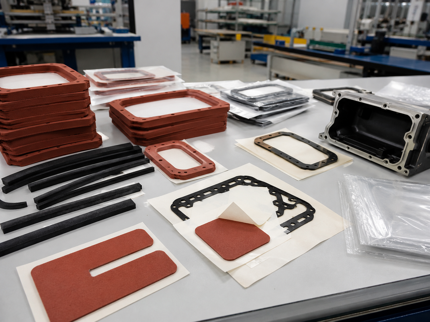 Realistic high temperature gasket die cutting and assembly preparation scene showing silicone foam gasket frames, silicone rubber pads, EPDM foam strips, adhesive-backed gasket parts on release liners, a few partially peeled pieces, and clean packaging materials placed naturally on a factory workstation with visible production depth in the background. The layout should look like an active engineering preparation area with natural spacing, not a perfectly symmetrical product display. Image specification: body image 100–200 KB, width 1600–1920px, no 4K original upload needed, no text, no labels, no logos, no arrows, no icons