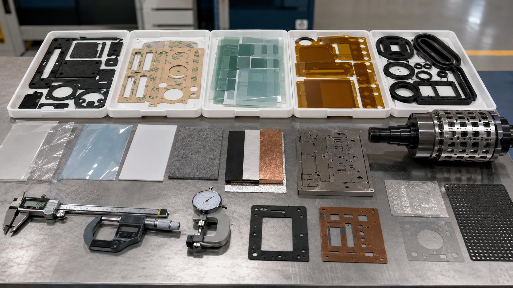 Realistic industrial comparison scene showing laser cut and die cut foam gaskets, adhesive tape frames, PET insulation films, amber PI films, rubber seals, protective films, non-woven felt pads, laminated material samples, steel rule die tools, rotary die cutting tools, calipers, thickness gauges and clean trays on a factory workbench